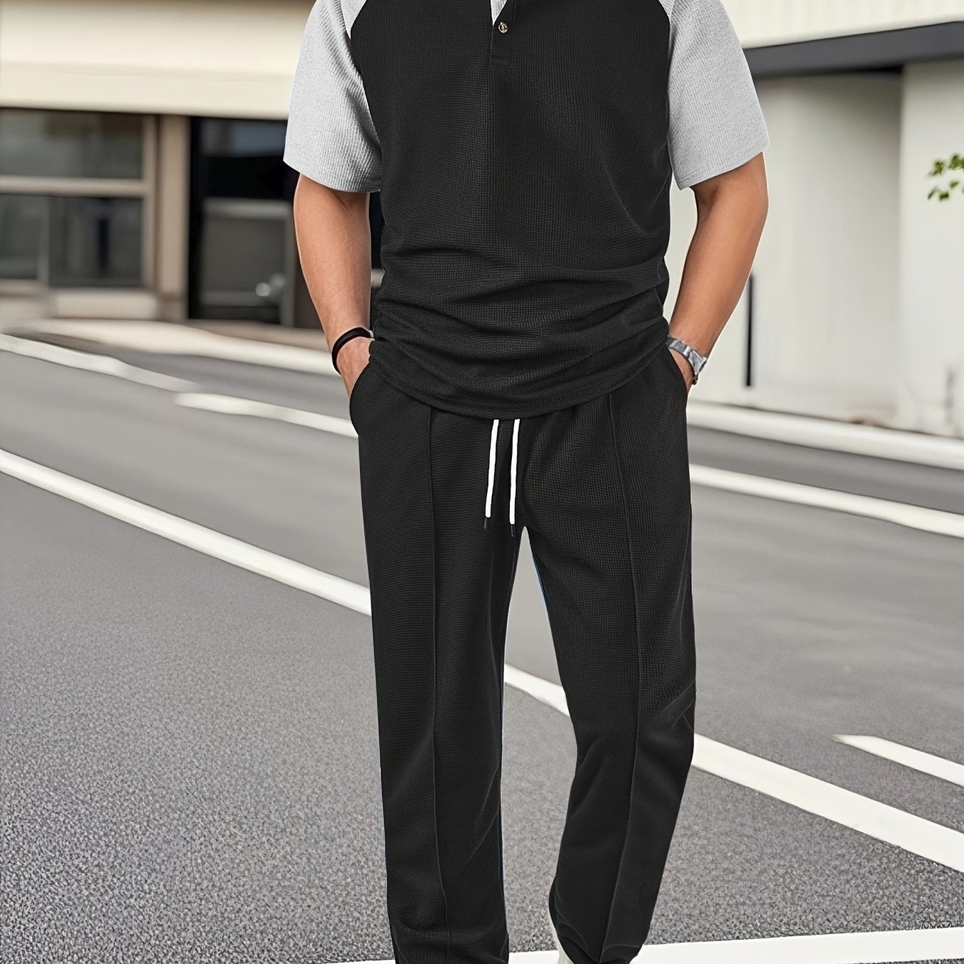 Men's Casual Mixed Color Spliced Set: Shirt and Drawstring Pants, Clean and Comfortable