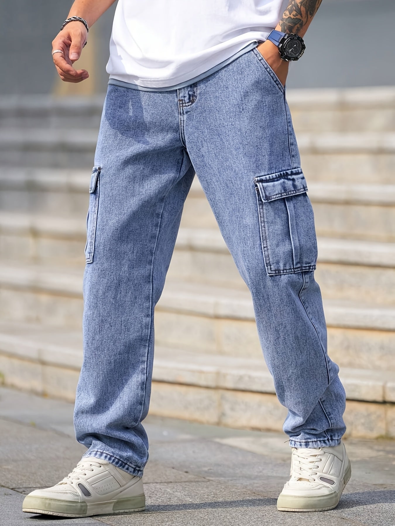 Men's Multi-Pocket Cargo Jeans - Casual Loose Fit Denim with Flap Pockets, Durable Cotton Blend, Ideal for All Seasons, Casual Wear Pants | Classic Blue Jeans | Cotton Blend Jeans