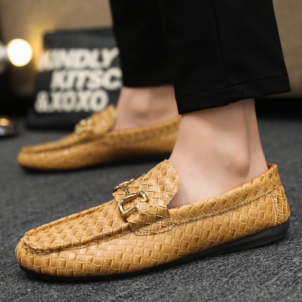 Men's Slip-On Loafers - Black & Tan Casual Shoes with Golden-Tone Metal Accents, Round Toe Comfort, All-Season Versatile for Office & Social Events, Casual Attire, Elegant Style, Premium Material, Modern Gentlemen