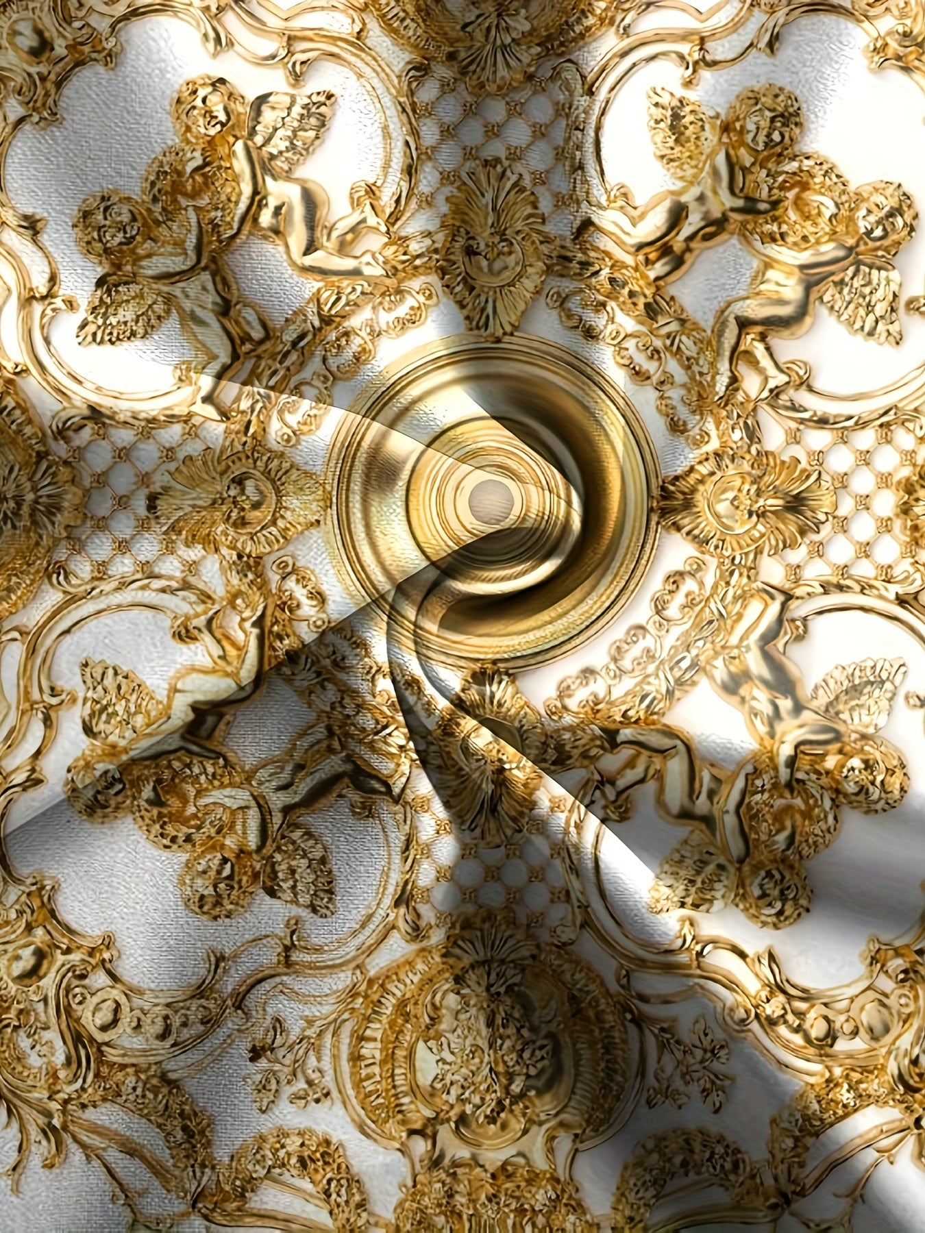 Luxury Golden Baroque Print Long Sleeve T-Shirt and Pants Set, Casual Spring/Fall Polyester Fiber, Full Print, Round Neck, Regular Fit