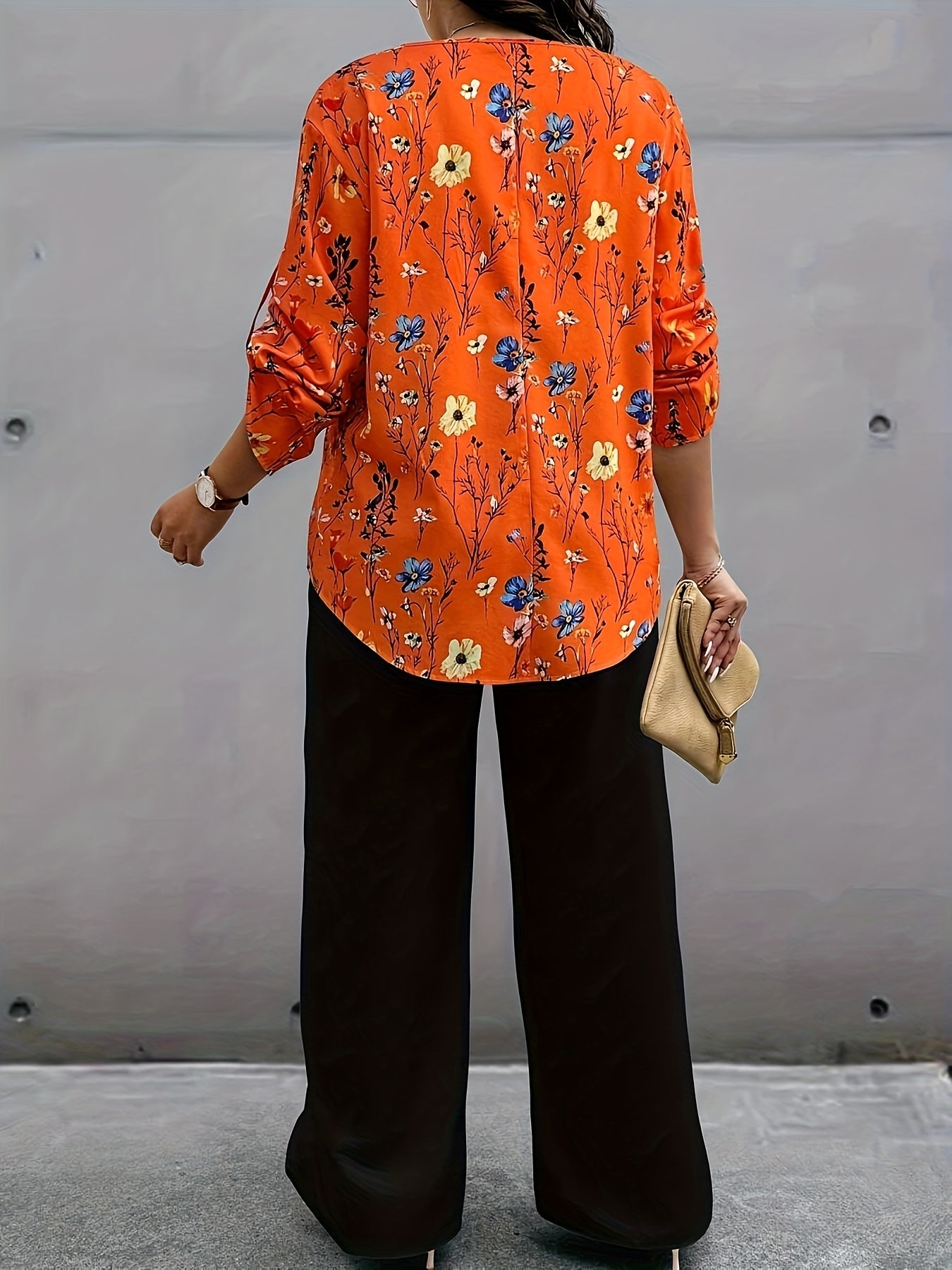 Plus Size, Oriented - Plus Size Women's Vacation Style Floral Shirt and Pants Set