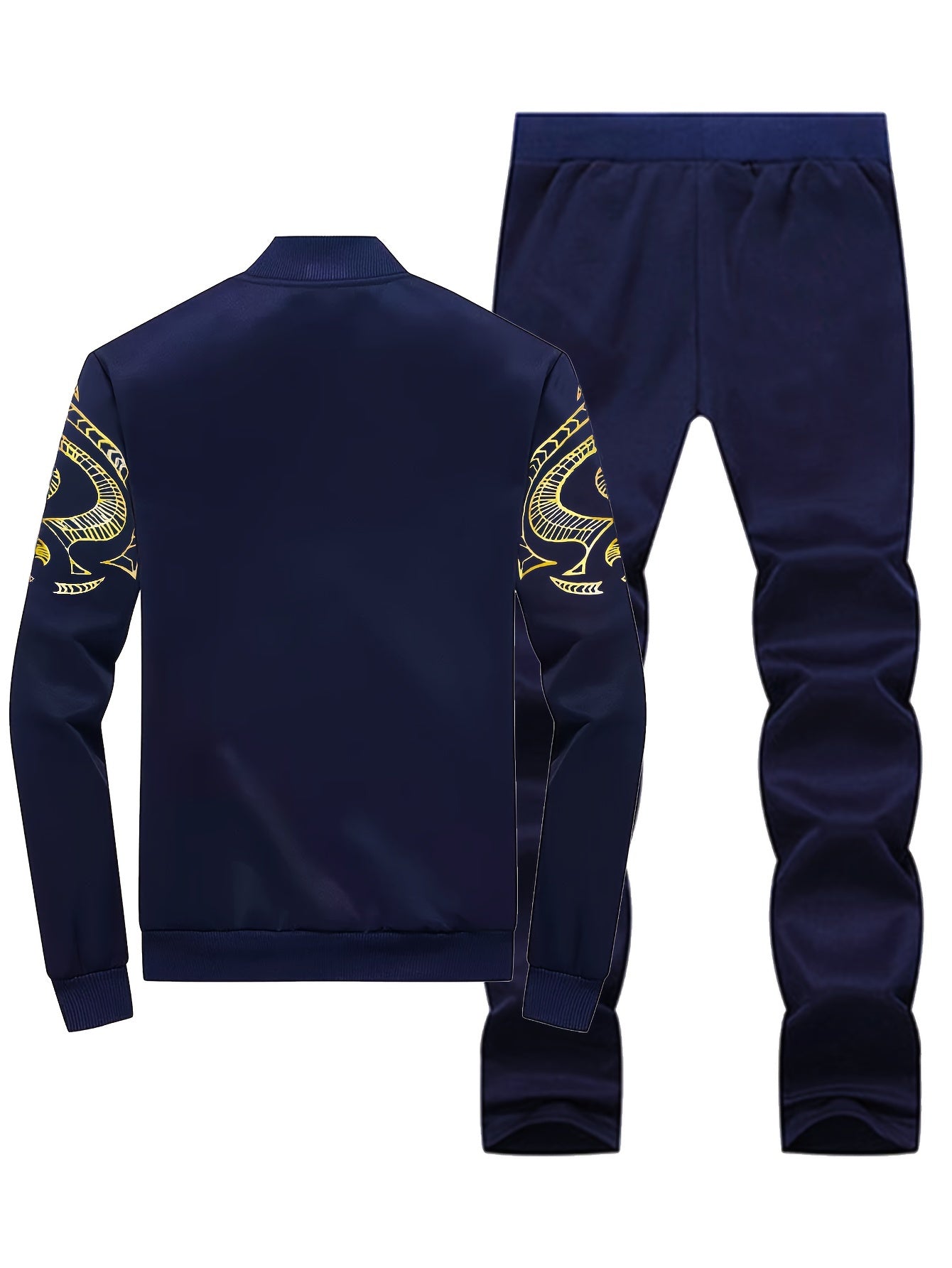 Men's Casual Print Sweatshirt & Joggers Set - Polyester, Stand Collar, Zip-Up Jacket for Spring/Fall