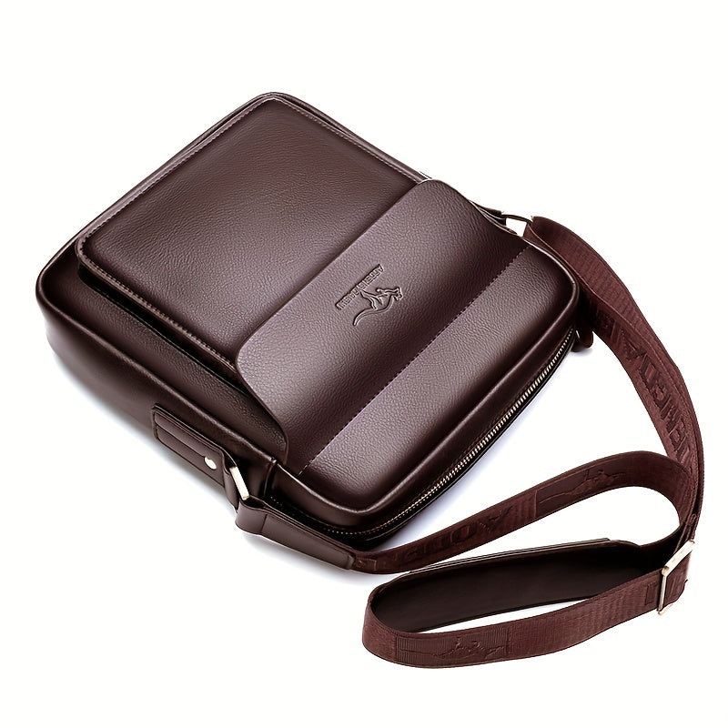 DOSHENG Men's Stylish Black Synthetic Leather Crossbody Bag - Adjustable Strap, Multi-Compartment Business Casual Satchel with Embossed Dinosaur Logo for Office Use, Versatile Crossbody Bag | Stylish Men's Accessory | Metalli