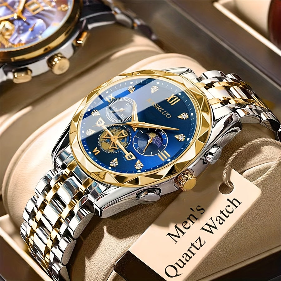 1pc Men'S Stainless Steel Quartz Watch with IPX7, Luminous Display, Rhinestone Accents, Scratch-Resistant Dial, Date Window & Chronograph Function - Stylish Casual Timepiece for Casual Attire, Everyday Timepiece | Luminous Wa