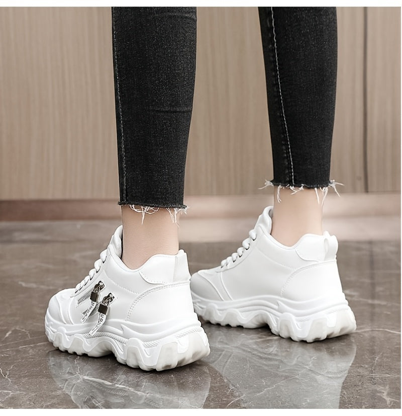 Women's White Platform Sneakers - Chunky Platform Shoes with Cushioned PVC Sole, Lace-Up Low-Top for Everyday, Travel, Office - All-Season Synthetic Cover - Leg-Lengthening Design, Ladies Sneakers, Travel Footwear, Chunky Sol