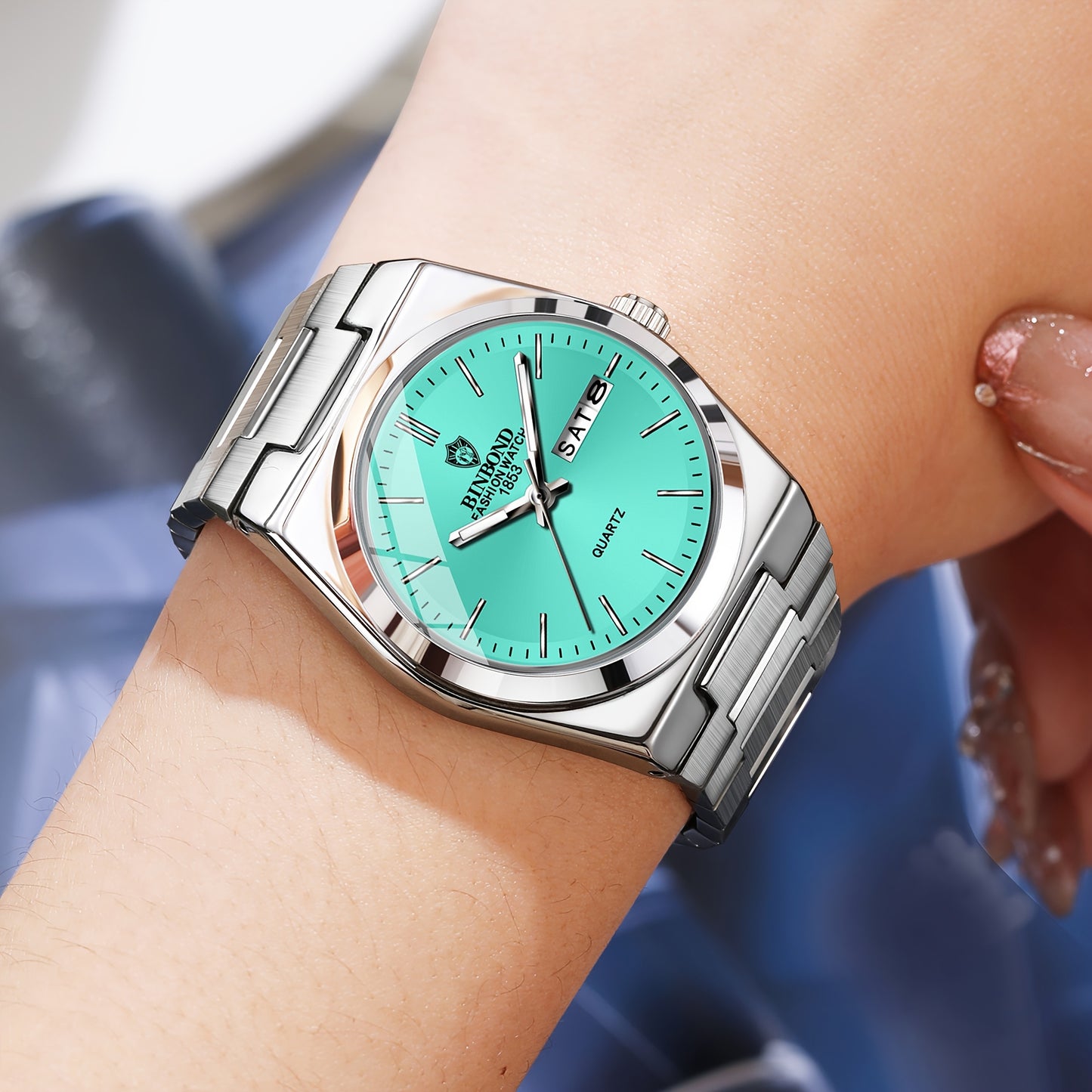 BINBOND Women's Elegant Quartz Watch, Stainless Steel Band, Aqua Green Dial, Date Display, IP67 Rated, Zinc Alloy Case, Perfect for Business or Casual Wear, Casual Wristwatch | Luxury Fashion Accessory | Sophisticated Aesthet