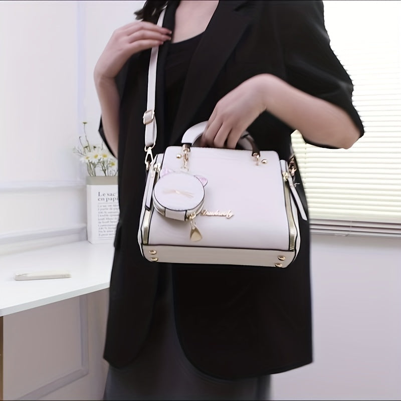 Women'S Fashion 2023 Embroidered Cat Design Messenger Bag, Removable Strap, Zipper Closure, Polyester Lined, Casual Shoulder Handbag with Edge Paint Detail