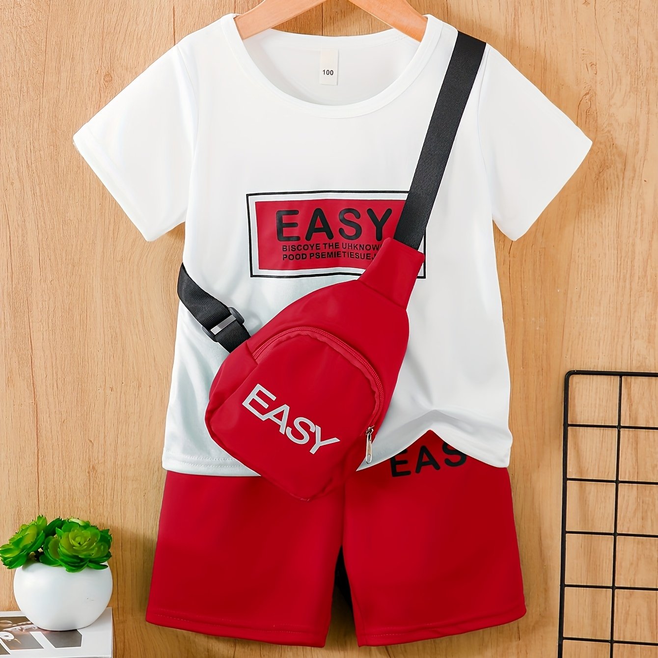 Boys' 3pcs Set White Crew Neck T-Shirt with EASY Lettering & Green Elastic Waist Shorts & Green Crossbody Bag Casual Comfortable Outdoor Outfit, Gift Idea, Perfect for Outdoor