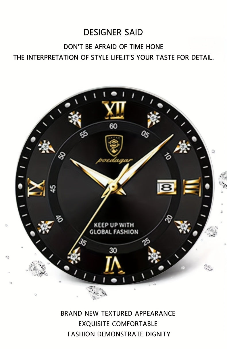 POEDAGAR Elegant Luxury Quartz Watch for Women - Waterproof, Luminous Calendar, Ultra-Thin Movement, Stainless Steel Band, Round Alloy Case, Ideal for Parties and Holidays