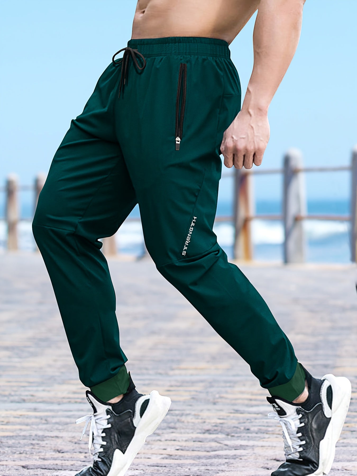 Men's Casual Athletic Pants - Stretch Polyester, Side Zipper Detail, Drawstring Waist, Green Joggers with Pockets for Sports & Leisure