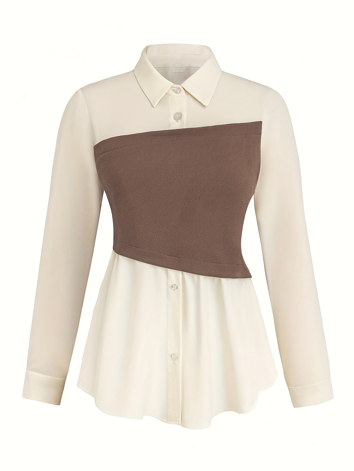 Elegant daily commuting two-piece set for ladies, featuring a color-blocked and pieced-together shirt and wide-leg trousers, suitable for all four seasons and machine washable.