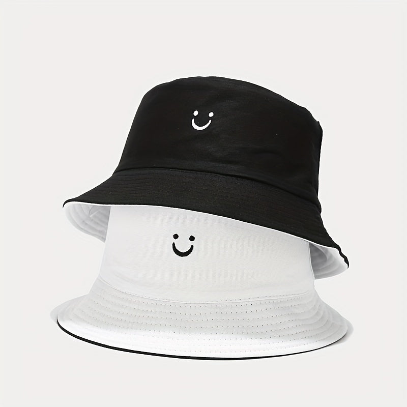Unisex Black & White Fisherman Hat with joyful Face Embroidery - Double-Sided, Sporty Polyester Bucket Hat for Men and Women, Ideal for Outdoor Activities, Outdoor Hat | joyful Face Embroidery | Durable Headgear