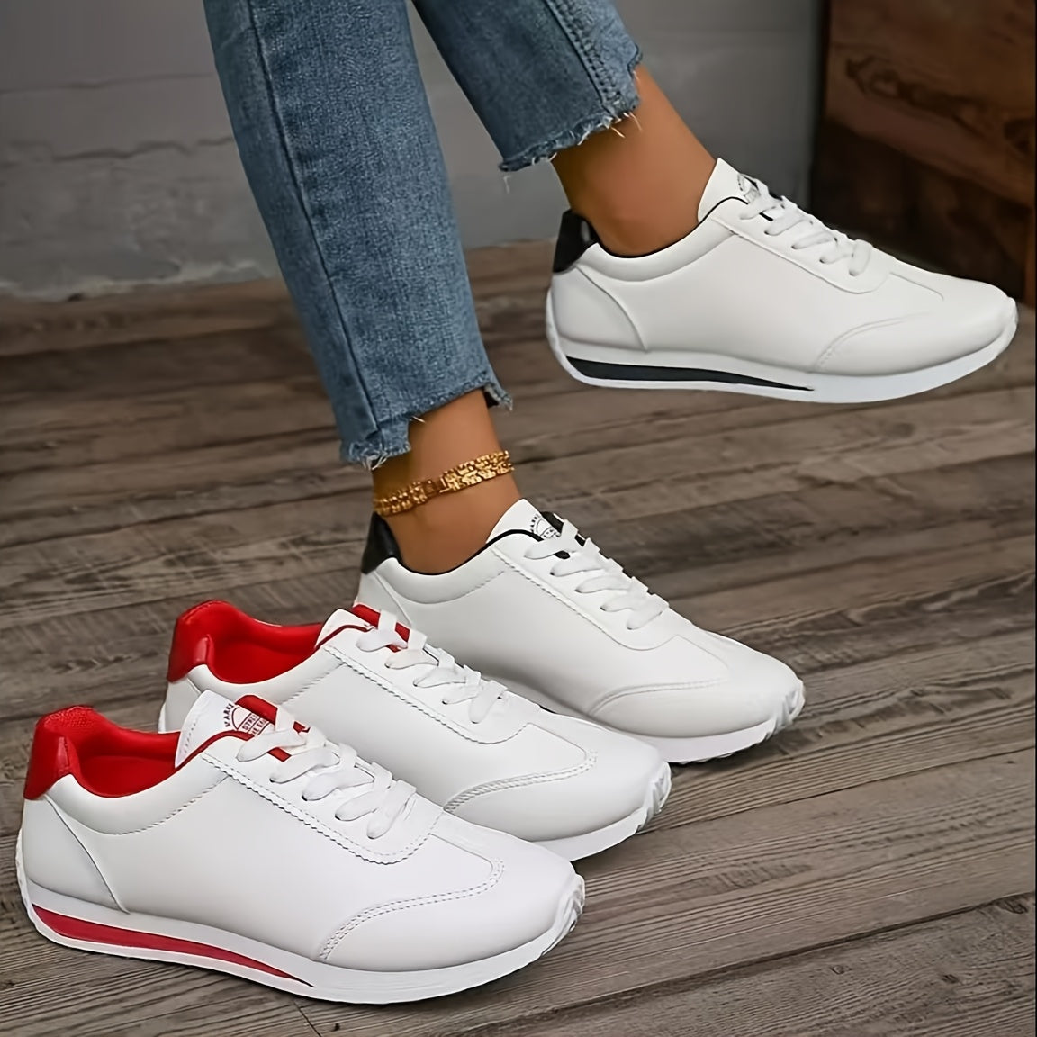 Women's Classic White Low-Top Sneakers - Lightweight Comfortable Lace-Up Shoes with Durable Rubber Sole & Breathable Fabric Lining, PU Synthetic Cover Upper, All-Season Versatile Casual Shoes for Casual Attire, Sleek Shoe Des