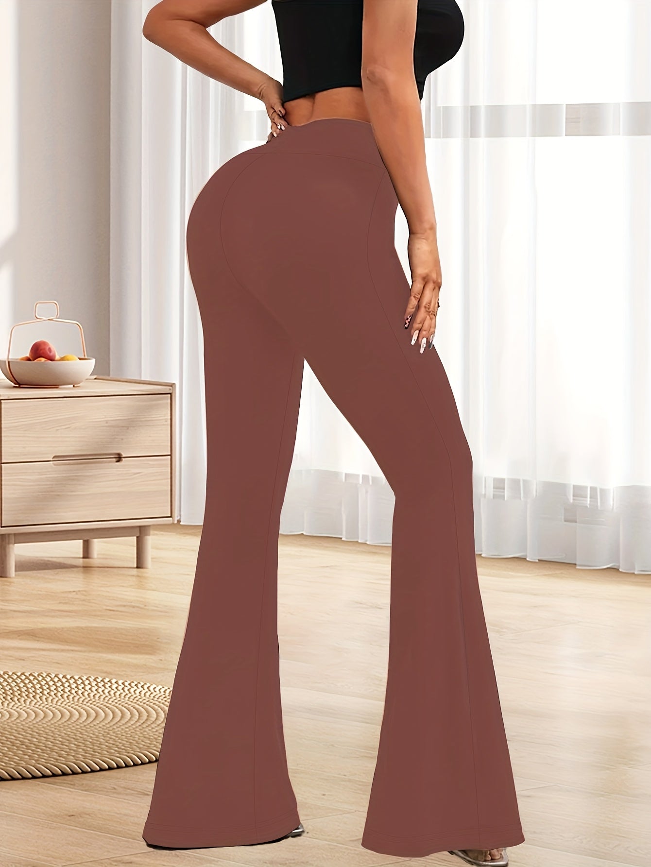 High-Waisted Flared Leggings for Women - Stretchy Black Polyester Pants with Tummy Control, Slimming Fit, and Breathable Design for Spring/Summer/Fall Casual Wear, Spring Summer Leggings | Fitted Leggings | Elastic Waistband