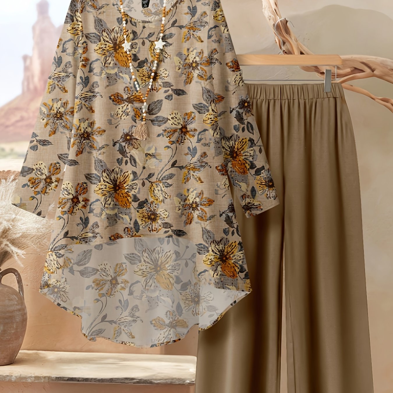 Women's Elegant Casual Floral Print Long Sleeve Top and Loose Pants Two-Piece Set