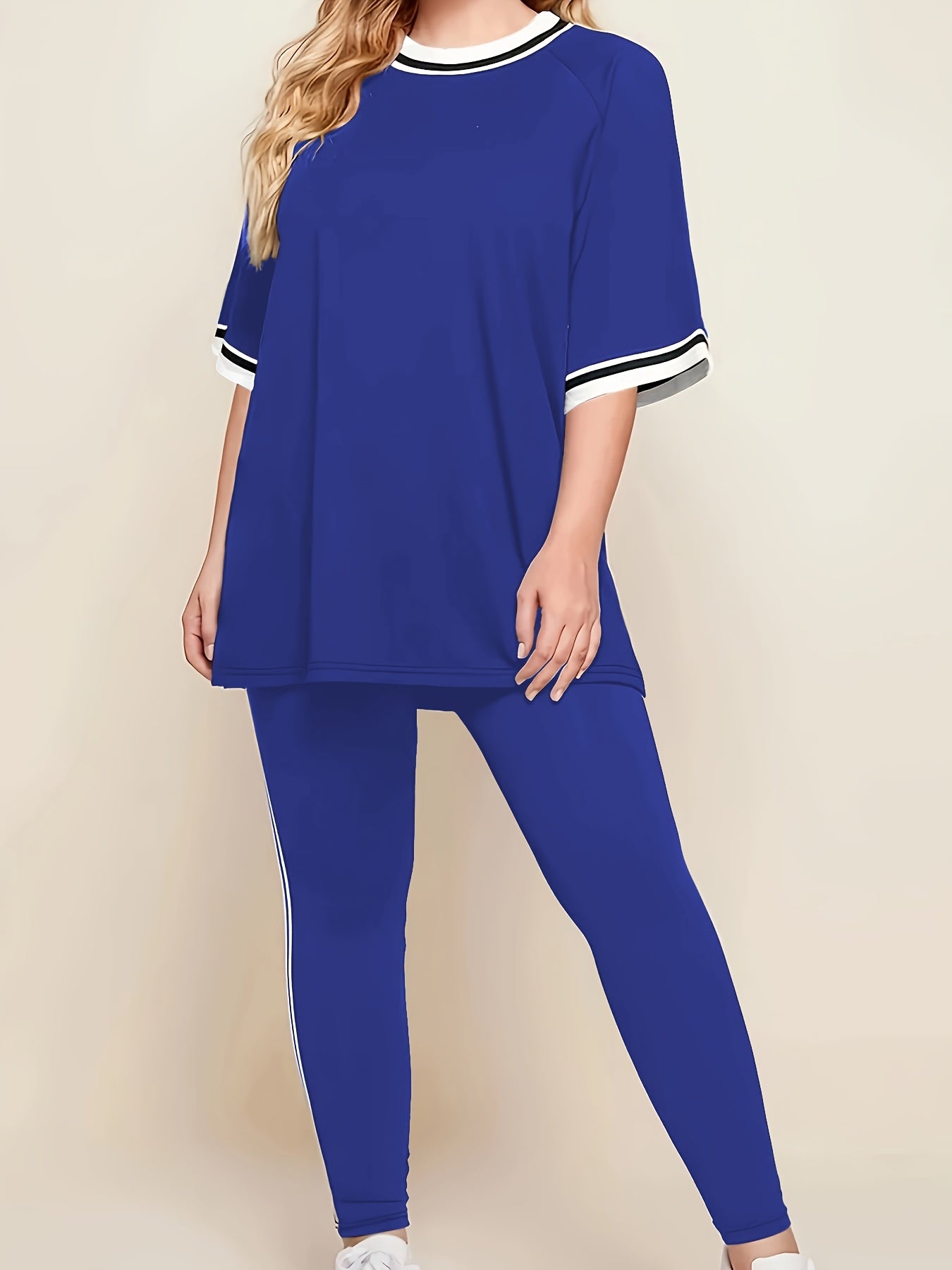 Women'S Plus Size Casual Lounge Set - Gray & White Striped Oversized T-Shirt with Matching Joggers, Comfortable All-Season Home Outfit, Joggers for Women