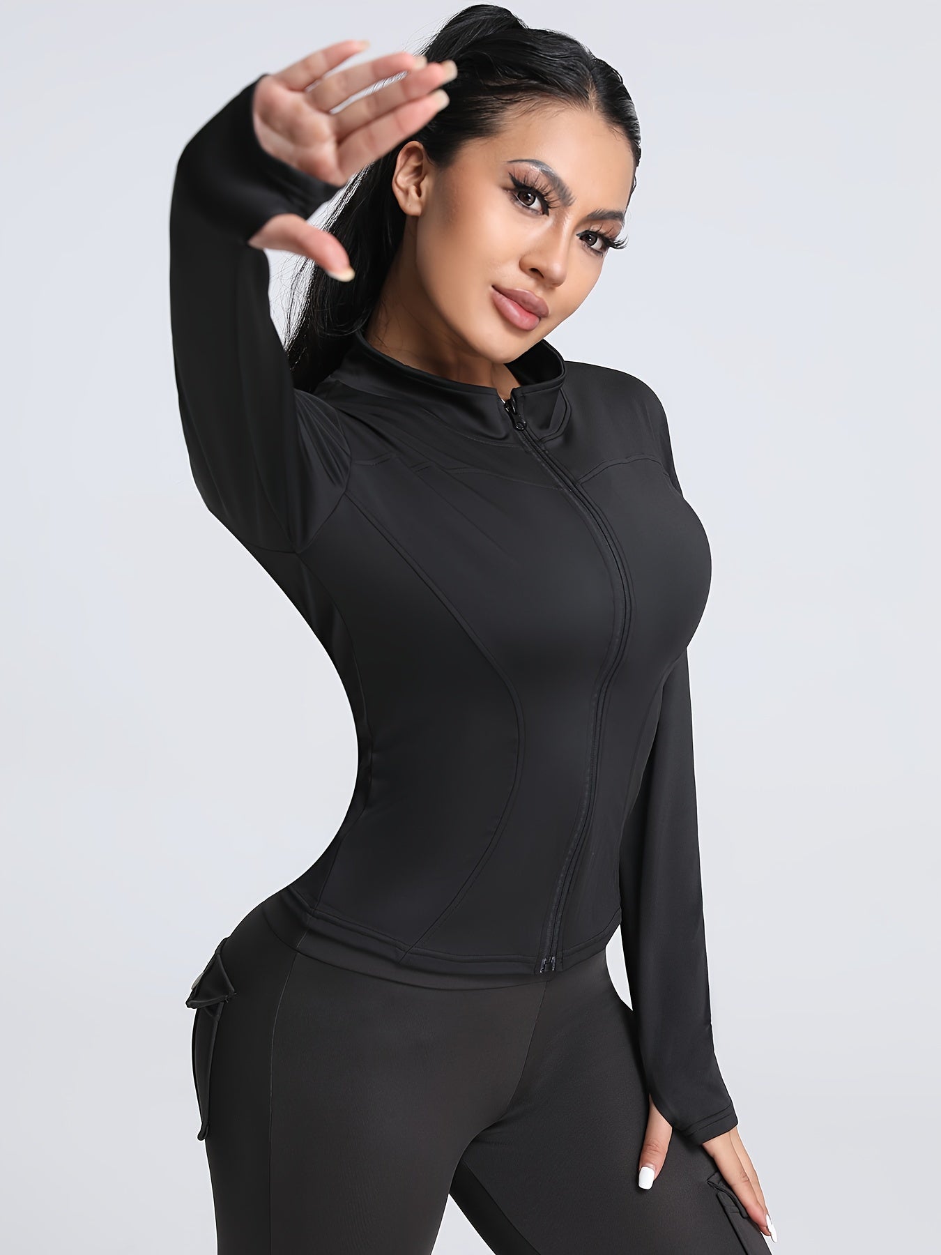 Women's Sleek Black Athletic Zip-Up Jacket - Comfortable Stretch Knit, Long Sleeve, Thumb Holes, Machine Washable - Perfect for Fitness & Casual Wear