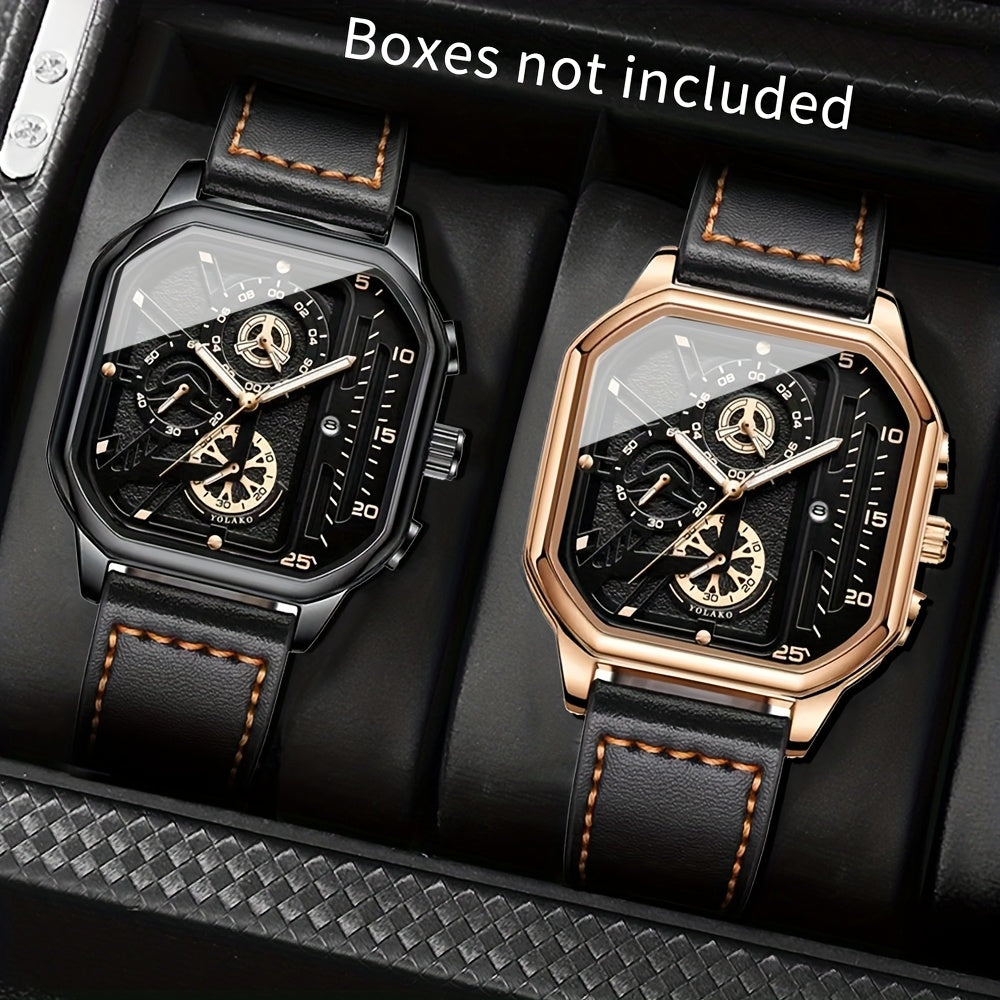 1 Casual Men's Quartz Watch, PU Leather Strap Business Watch Set Suitable for All Occasions, Jewelry Gift for Dad, Boyfriend, Suitable for All Festivals (Box Not Included)