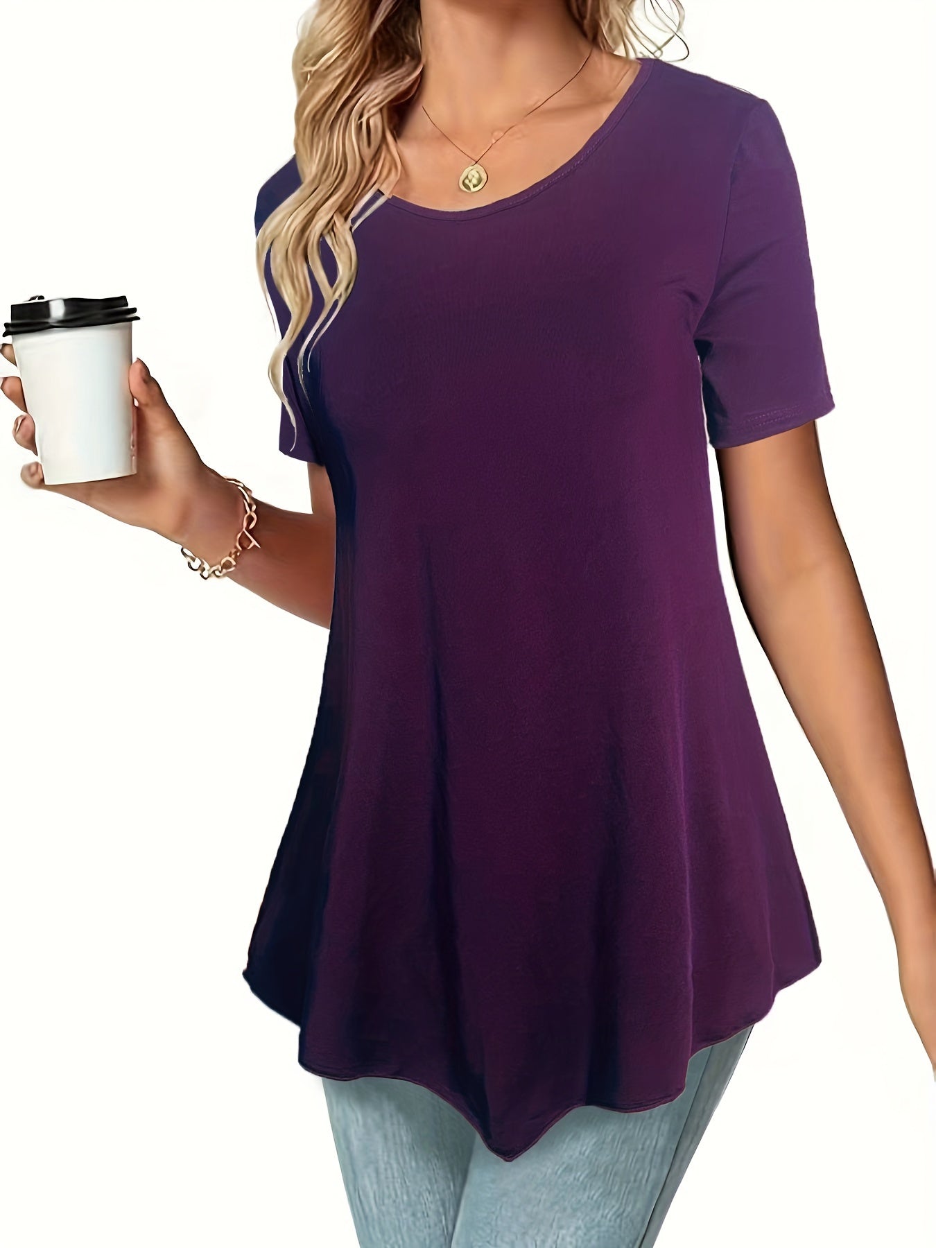 Asymmetrical Hem Crew Neck T-shirt, Short Sleeve Casual Top For Summer & Spring, Women's Clothing