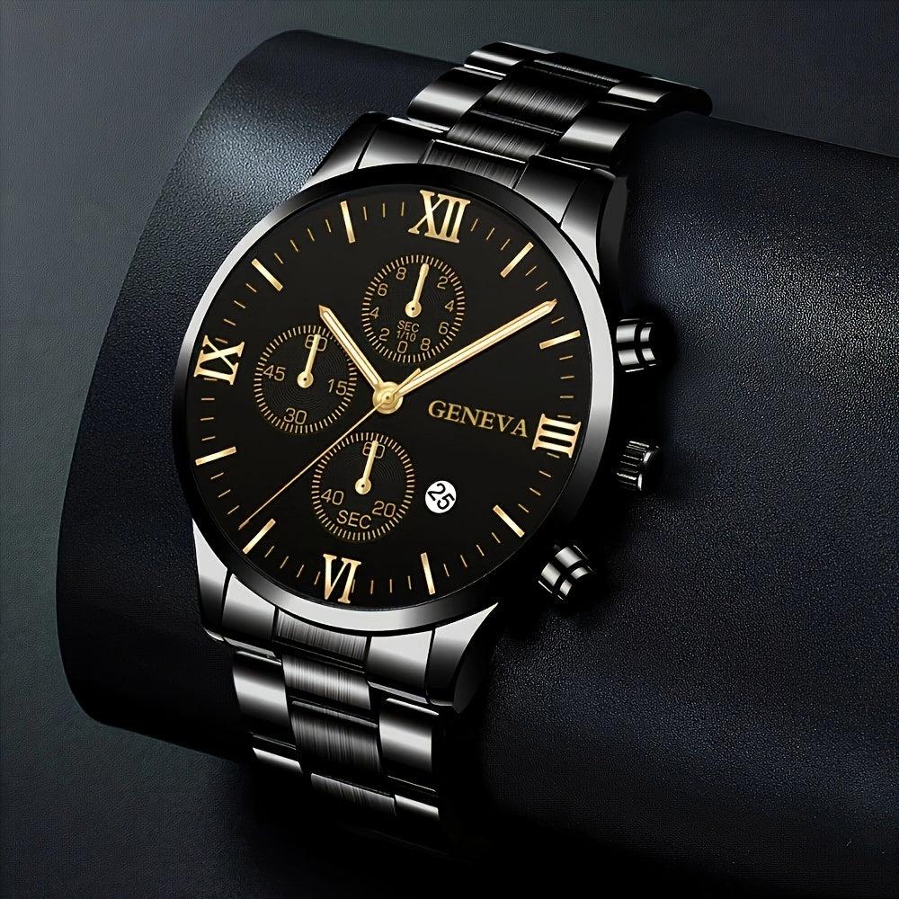 1pc Men's Stylish Black Quartz Watch with Stainless Steel Band - Elegant Roman Numerals, Date Display, and Golden Accents - Perfect Gift for Christmas, Thanksgiving, Valentine's Day - Ideal for Him or Family, Date Feature Wat