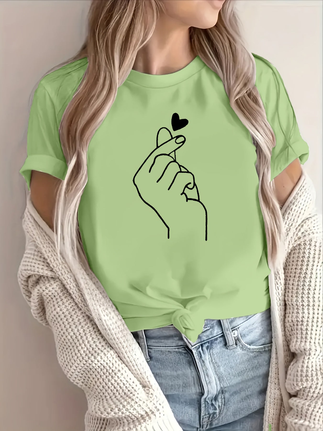 Finger Heart Print T-Shirt, Short Sleeve Crew Neck Casual Top For Summer & Spring, Women's Clothing