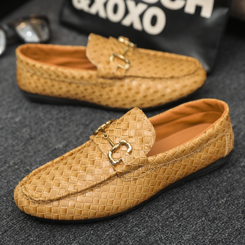 Men's Slip-On Loafers - Black & Tan Casual Shoes with Golden-Tone Metal Accents, Round Toe Comfort, All-Season Versatile for Office & Social Events, Casual Attire, Elegant Style, Premium Material, Modern Gentlemen