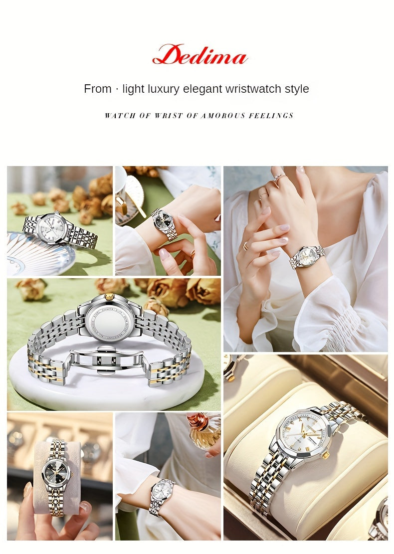 DEDIMA Women'S Luxury Stainless Steel Watch - Elegant Rhombus Design with Roman Numerals, Double Calendar, and Multifunctional Steel Strap