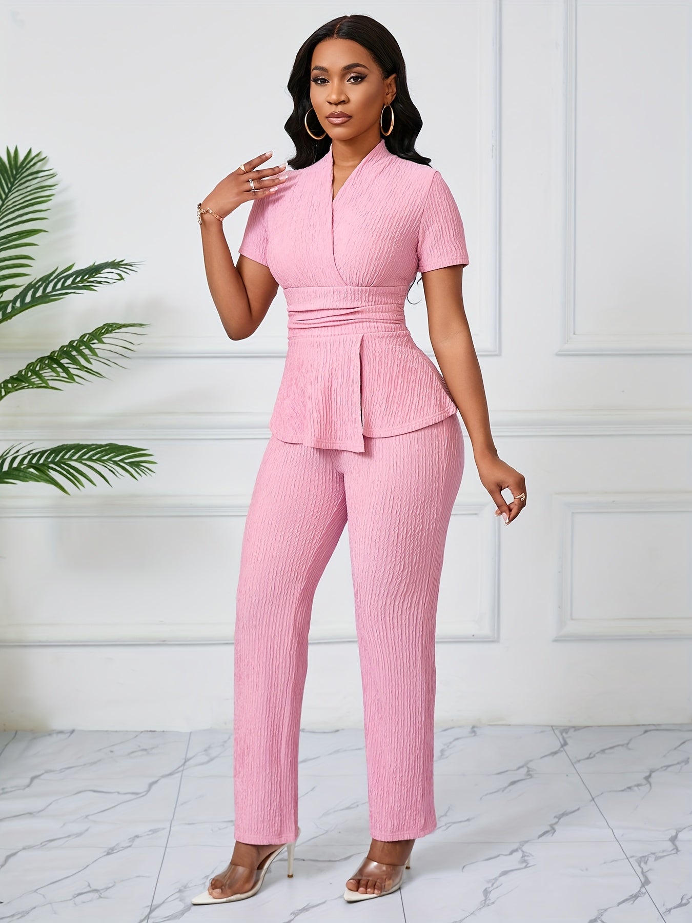 Women's Elegant Casual Solid Color Textured Pants Set