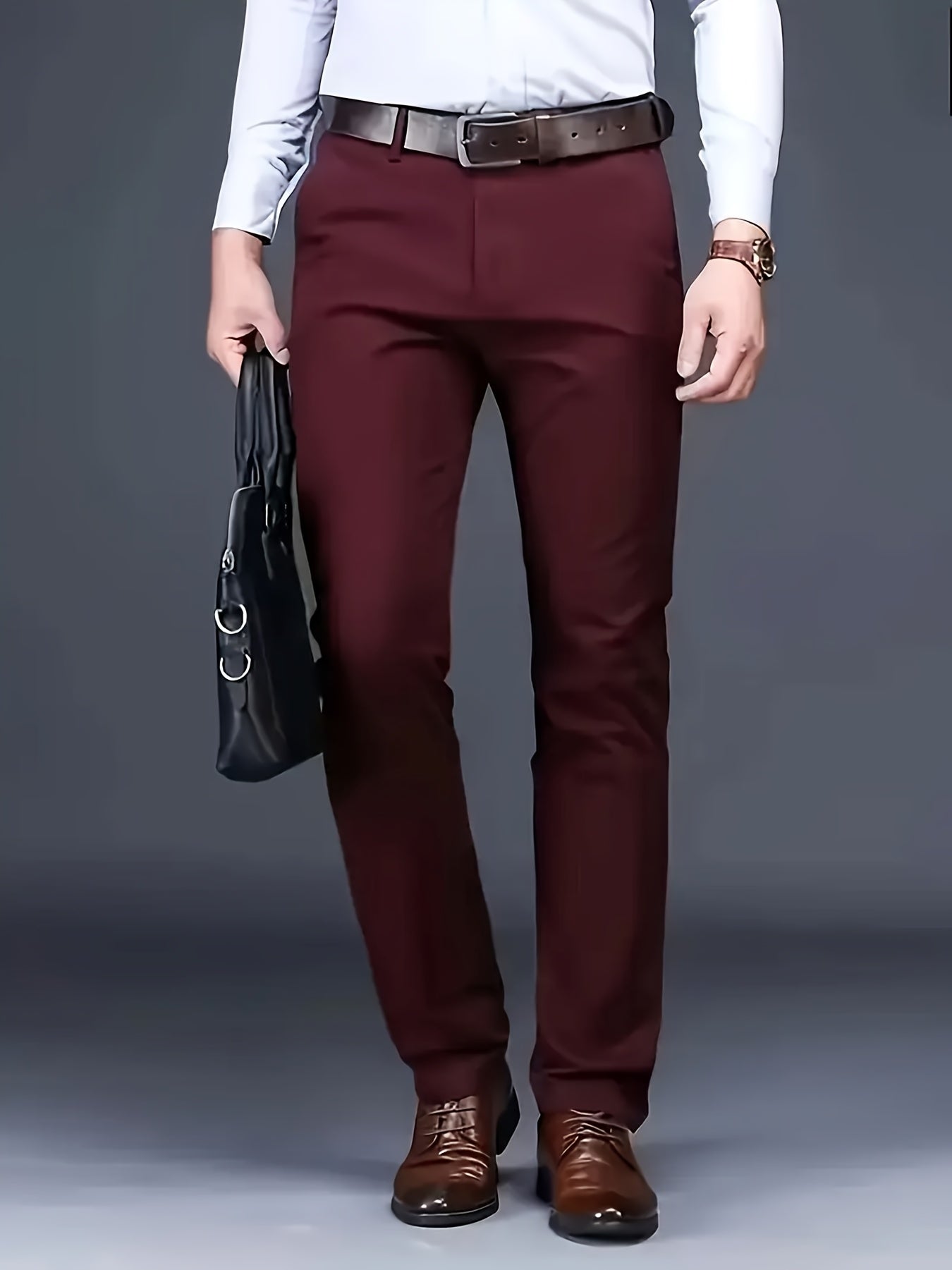 Men's Classic Business Dress Pants, Solid Color Casual Trousers, 100% Polyester, Regular Fit, with Zipper Fly, for Daily Wear and Gifting, All-Season, Allseason Trousers | Notch Lapel Design | Polyester Trousers