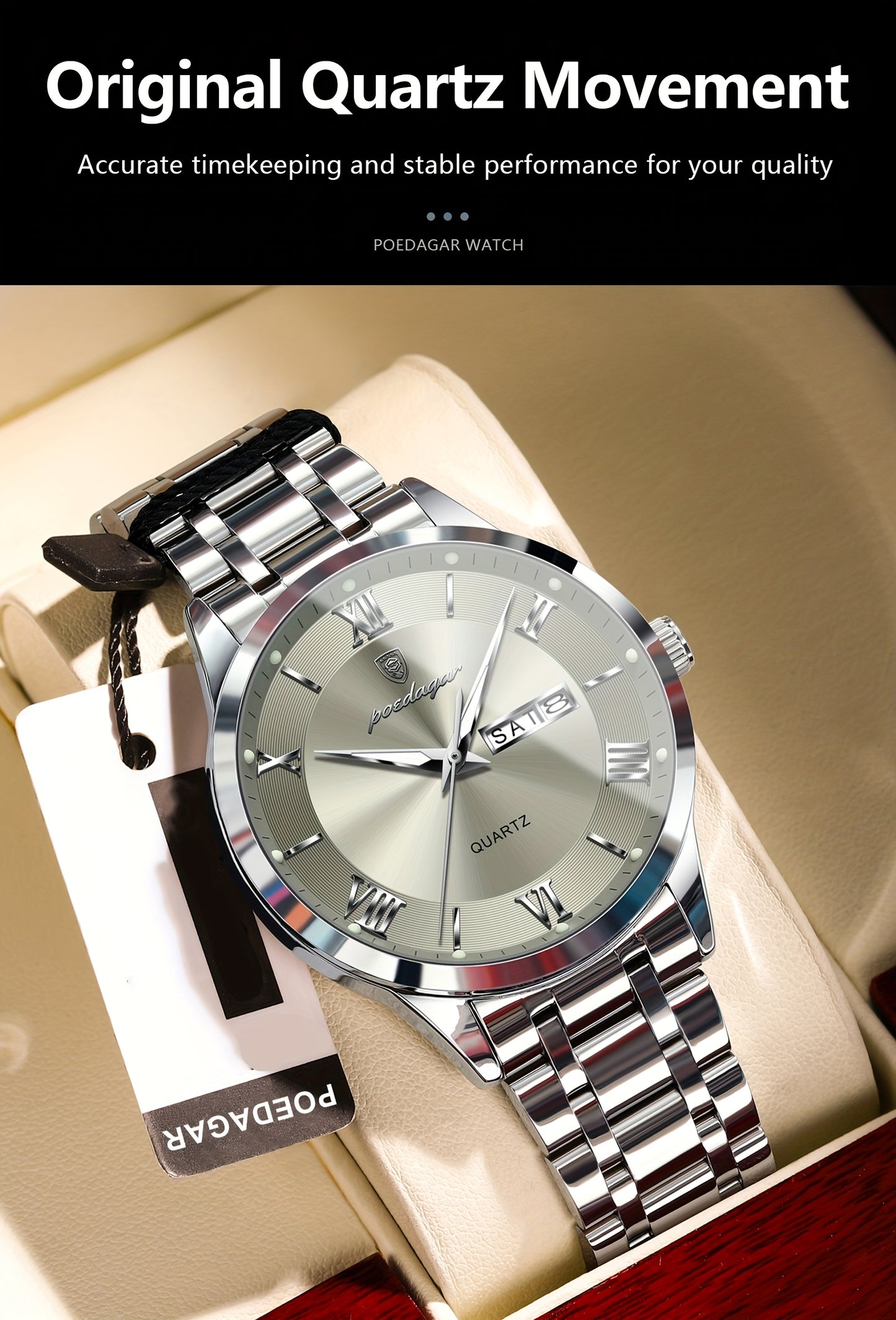 POEDAGAR Men'S Quartz Watch, Sports Style, Waterproof 3ATM, Luminous Calendar, Stainless Steel Strap, Pointer Display, Alloy Case, Electronic Drive, Non-Rechargeable Button Battery, with Spring Festival and Football Holiday T