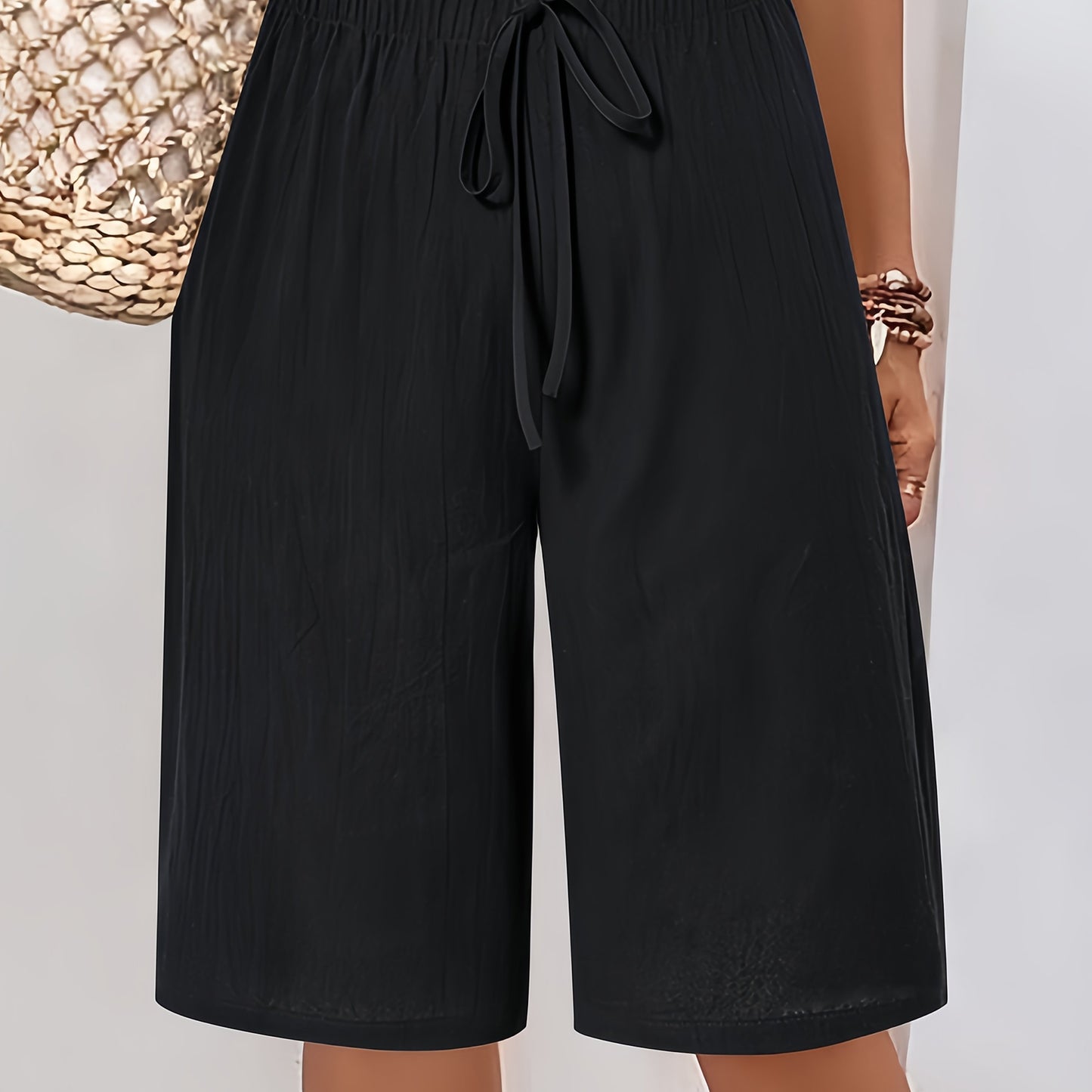 Women'S Casual Solid Color Shorts, 100% Polyester Woven Fabric, All-Season Beach Pants with Fake Drawstring, 126g/m² Weight - Black