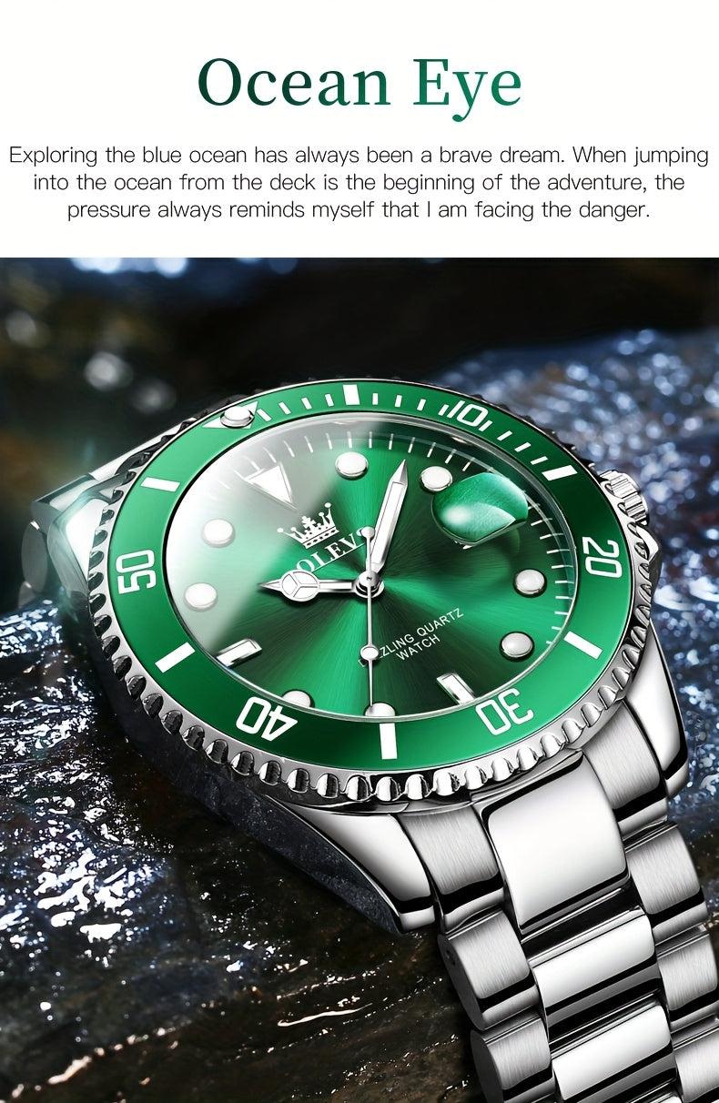 OLEVS Men'S Luxury Quartz Watch - Green Dial, Stainless Steel Band, Luminous Pointer Display, Quartz Movement, Electronic Drive, Zinc Alloy Case, Ideal for Business Casual Wea
