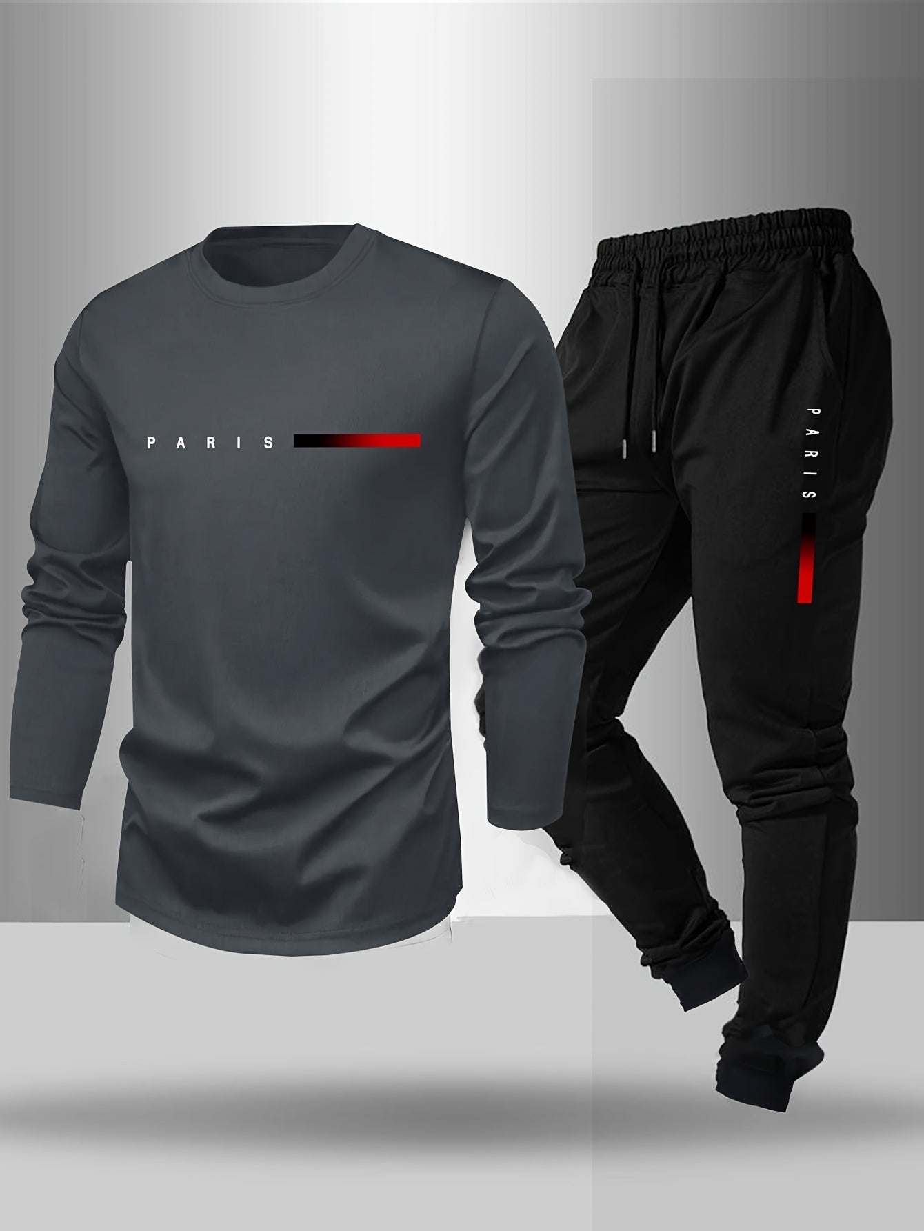 Men's Long Sleeve T-shirt and Pants Set, Spring/Autumn 2pcs set with Paris letter print round neck long sleeve T-shirt + drawstring outdoor casual sports pants set of 2