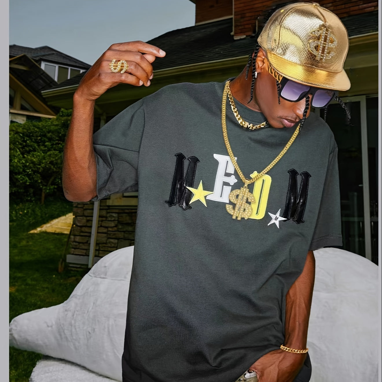 5pcs Hip Hop Costume Kit 80s 90s Rapper Accessories Set Golden Rapper Hat Baseball Cap Punk Fashion Glasses Golden Dollar Sign Pendant Necklace Ring Bracelet for Men Women Carnivals, throwback party Outfit Halloween Jewelry f