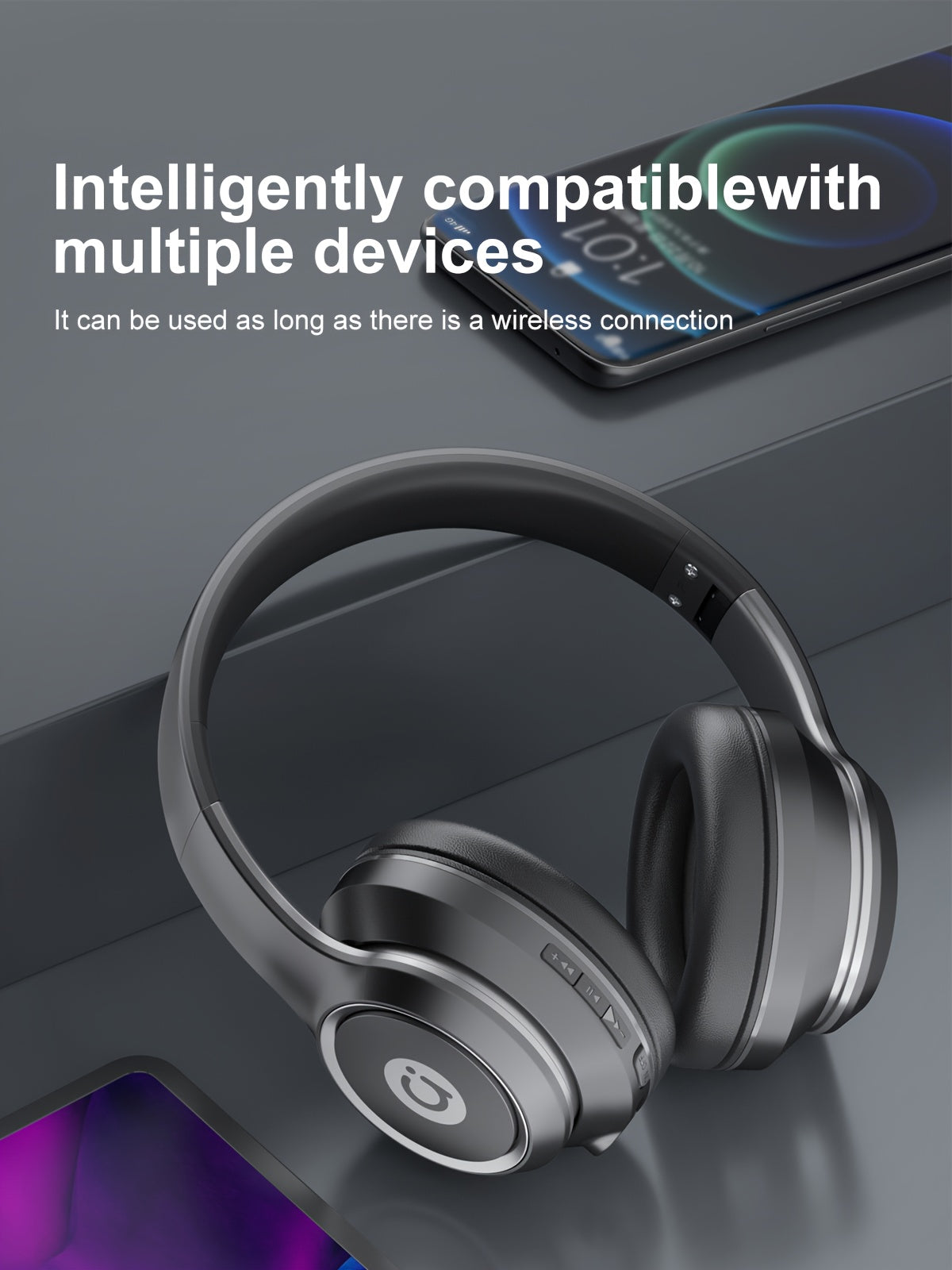 ASUS over-ear wireless headphones with microphone, foldable, long battery life, includes 3.5mm audio cable for PC connection, wireless compatibility with Android and iOS.