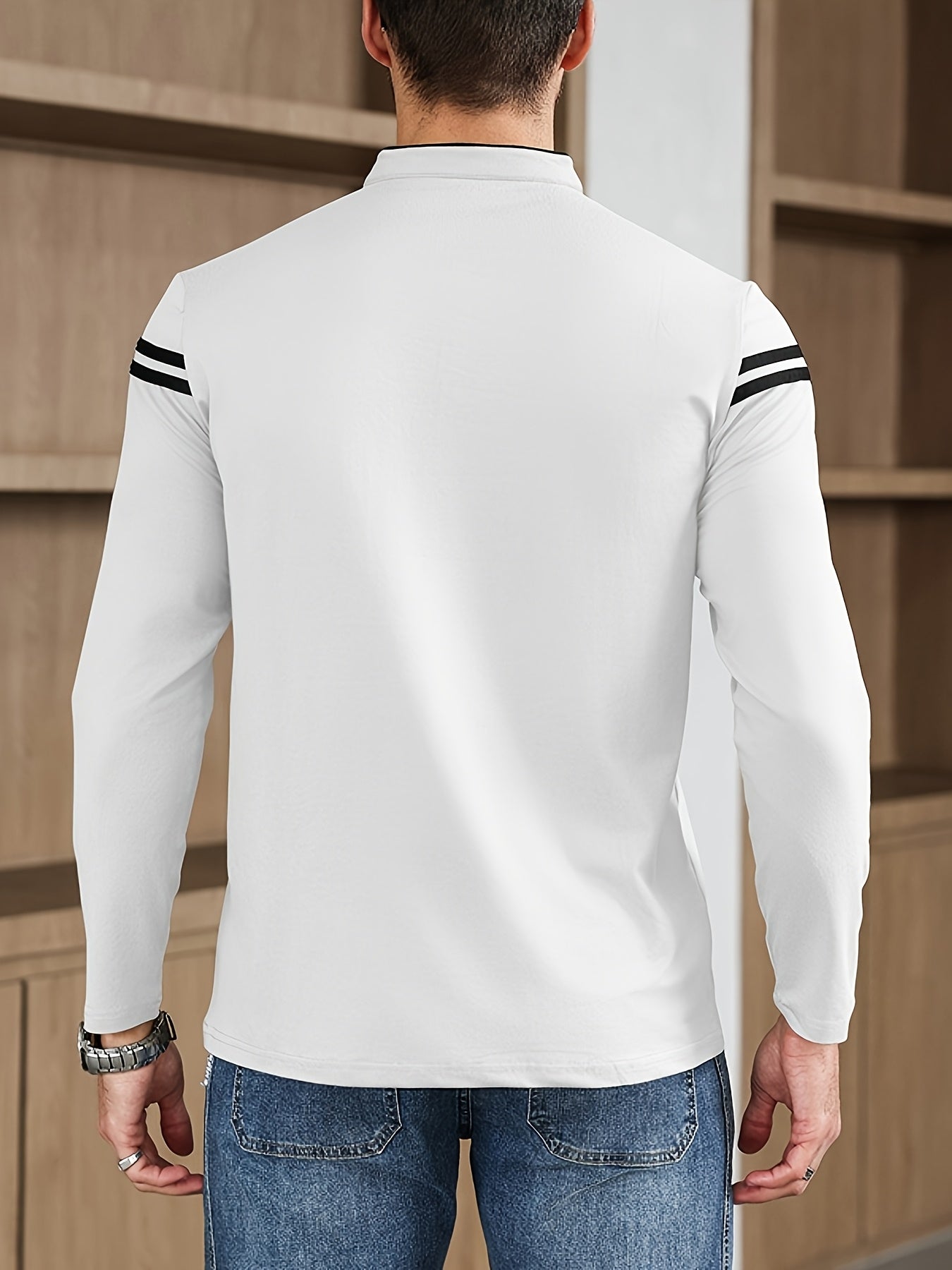Men'S Casual Long Sleeve T-Shirt - Solid Color with Stand Collar & Stripe Polo, Button-Up Front, Ideal for Outdoor Activities