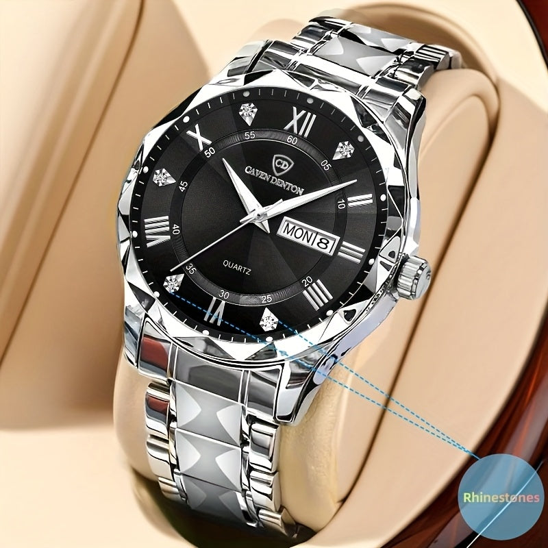 Men'S Quartz Business Watch with Rhinestone-Embellished Luminous Dial, Stainless Steel Strap & Case, Date & Day Display, IPX7 Water-Resistant - Ideal for Travel, Work, Outdoor - Perfect Gift for Birthdays, Holidays, Anniversa