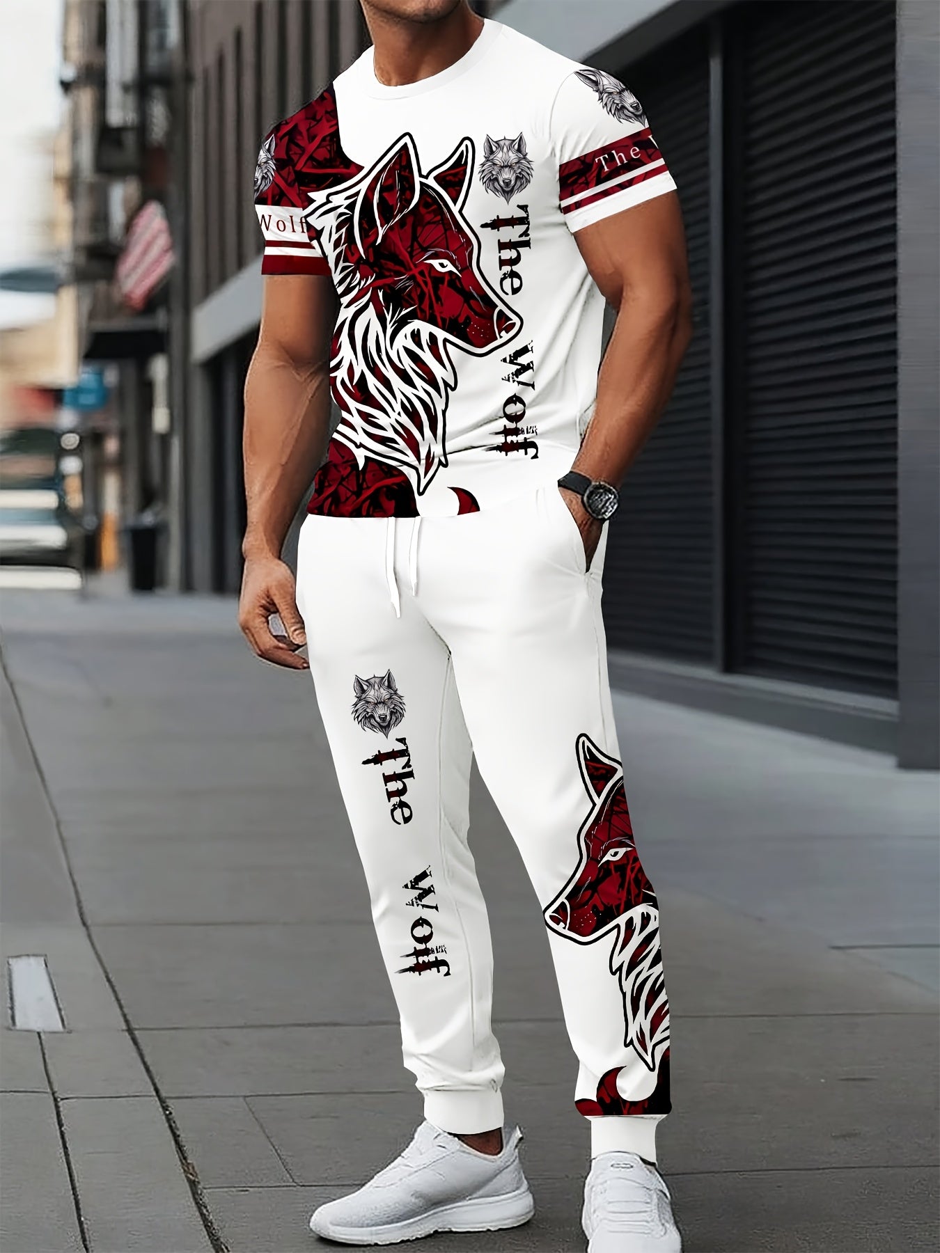 Men's polyester sportswear | Elegant and casual round neck with a Wolf head | Slightly elastic knitted strap with 3D printing | 2pcs set with normal style | Patterned short-sleeved T-shirt and trousers