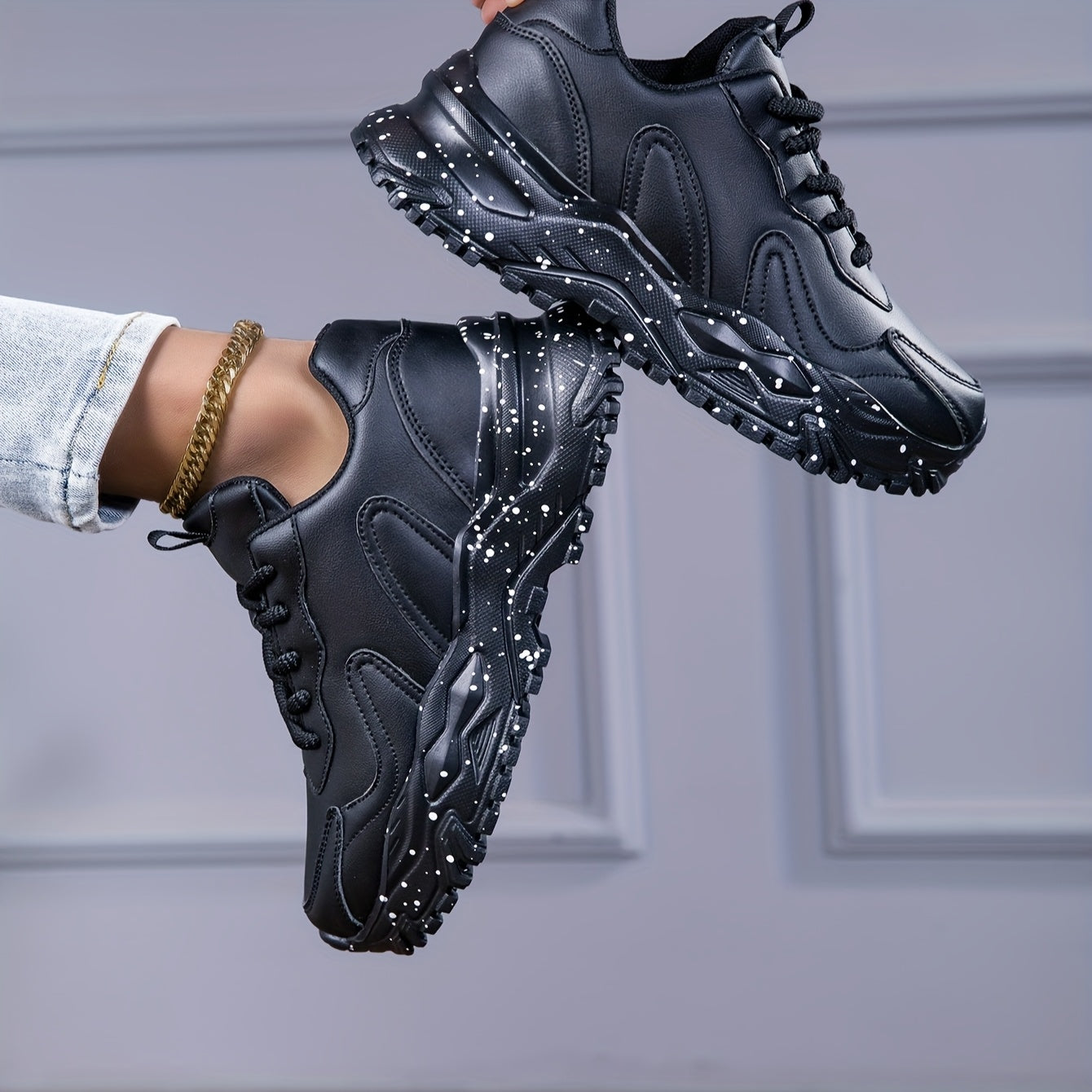 Women's Black Chunky Sneakers - Anti-Slip, Durable Casual Dad Shoes with Glossy Finish & Star Pattern, Lace-Up Low Tops for All Seasons, Allseason Sneakers | Chunky Sole Sneakers | Comfortable Fabric Lining