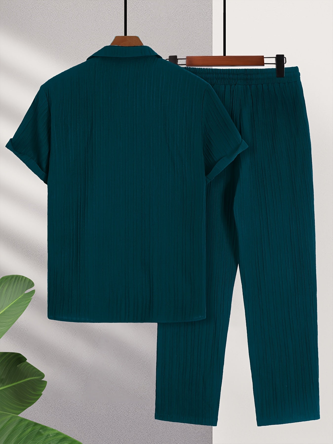 Men'S Color Block French Stripe Short Sleeve Shirt and Pants Set - Casual Button-Up Blazer with White Stripes, Dark Green Pants, Regular Fit for Casual Attire, Versatile Menswear | French Stripe Design | Nonstretch Fabric