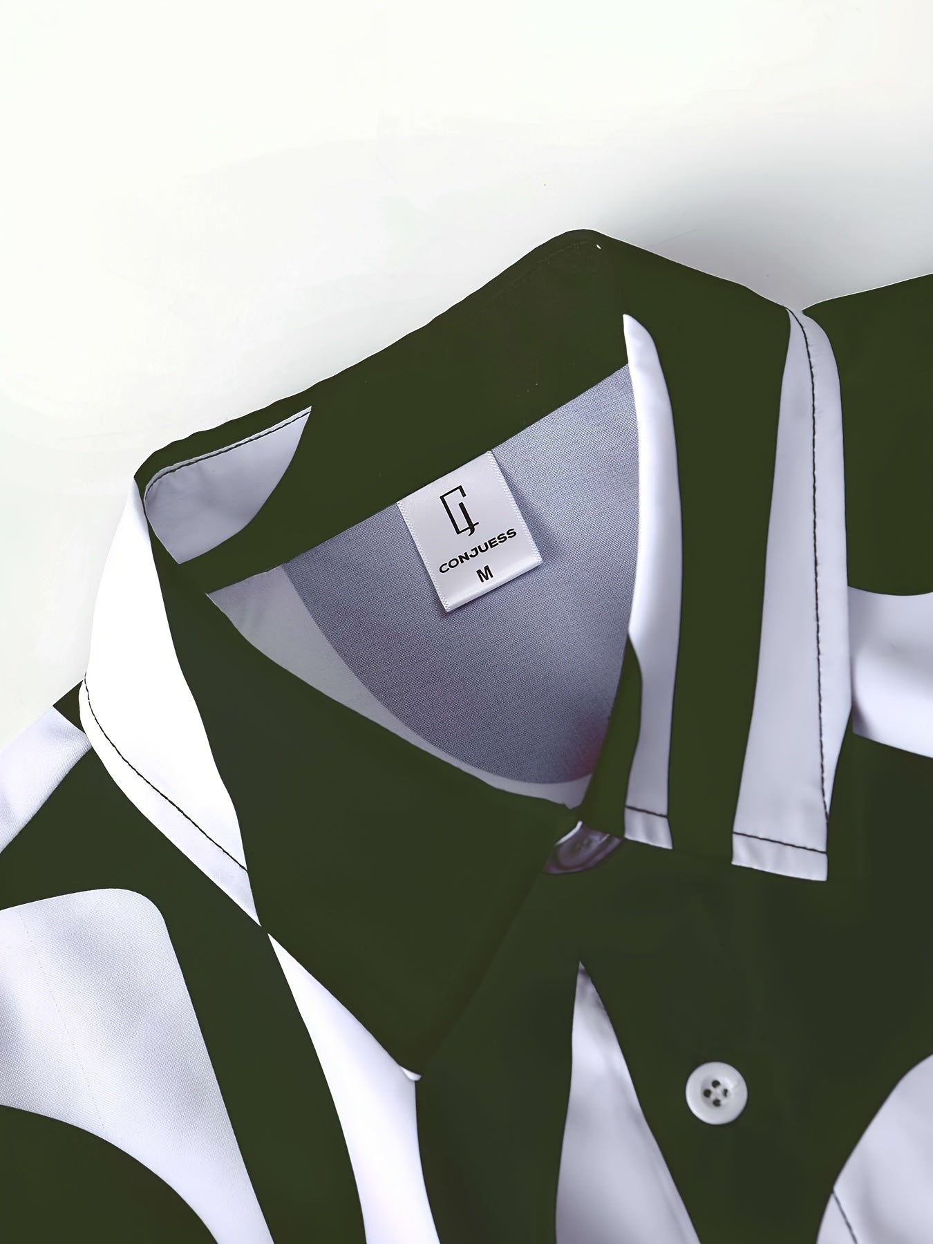 CONJUESS Men'S Summer Casual Short Sleeve Shirt and Shorts Set, Polyester 100%, Lapel Collar, Non-Stretch Woven Fabric, Irregular Striped Print, Regular Fit, 120g/m² - Green and White