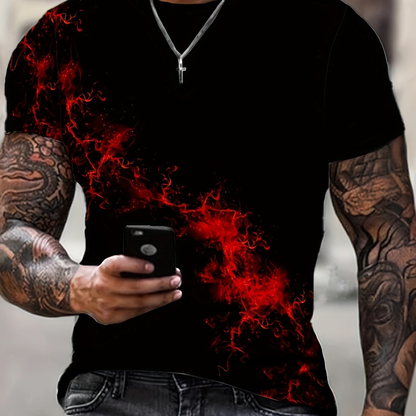 Men'S 3D Print Red & Black Flame Graphic T-Shirt - Casual Short Sleeve Crew Neck Tee with Mesh Fabric, All-Season Outdoor Shirt for Adults, Everyday Tshirt | Bold Graphic Tee | Mesh Fabric Shirt