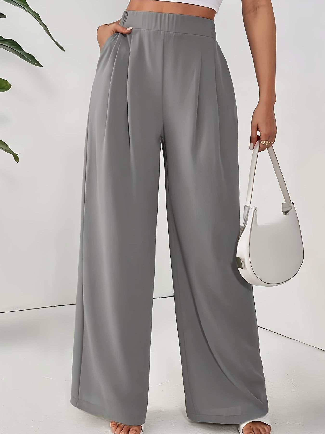 Women'S Stylish Gray Wide Leg Pants with Elastic Waistband and Double Pockets - Perfect for Office, Commuting, or Casual Wear