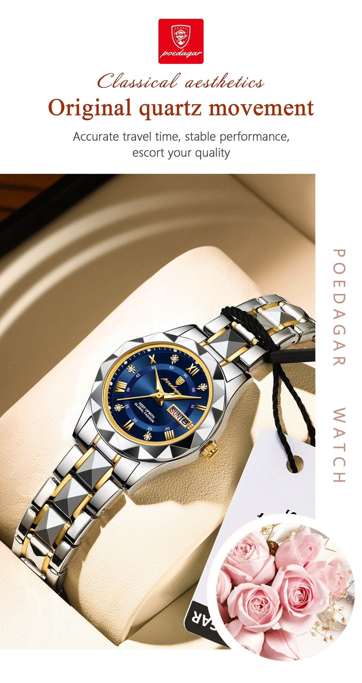 POEDAGAR Women's Elegant Stainless Steel Quartz Watch with Luminous Blue Dial, Roman Numerals, Date Calendar, IPX7 High Quality & -Accented Band for Casual & Formal Wear