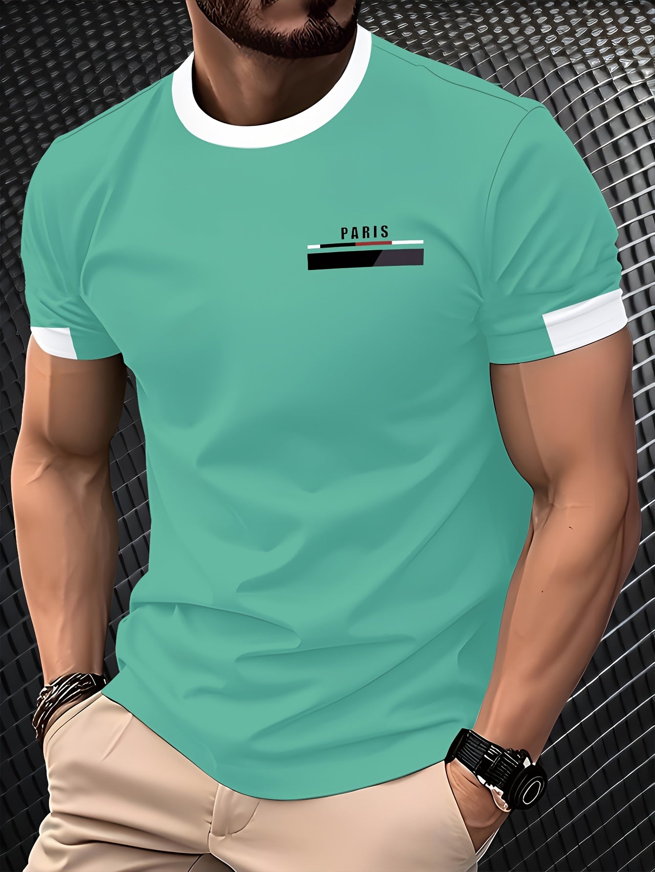 Men'S Paris Graphic T-Shirt - Green Polyester Crew Neck Tee with White Stripes & Print - Casual Sporty Knit Top for Casual Attire, Breathable Fabric