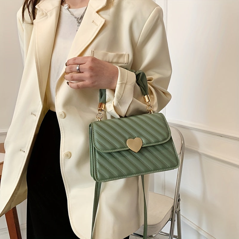Women'S Fashion Shoulder Bag, Korean Version, Faux Leather, Quilted Solid Color, Heart Accent, Removable Strap, Magnetic Closure, Synthetic Faux Leather Lining, Painted Edges, Versatile Crossbody Purse - Available in Black, R
