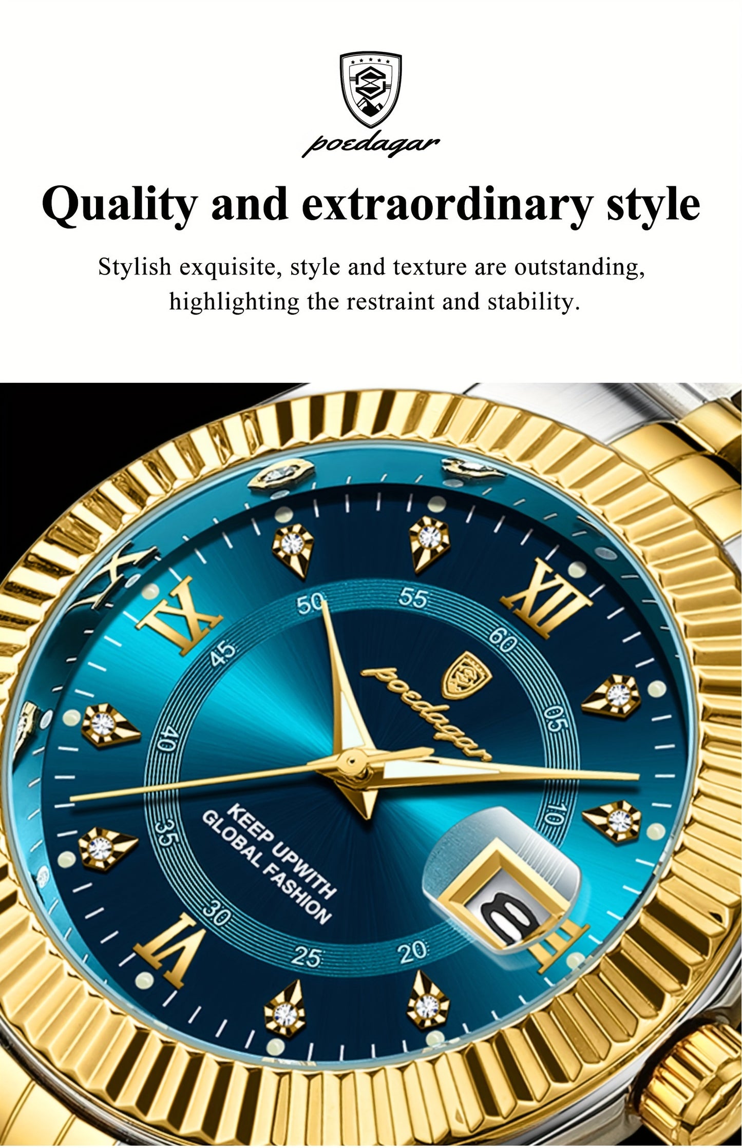 POEDAGAR Luxury Men'S Quartz Watch - Waterproof, Luminous, Stainless Steel Band, Blue & Golden Accents, Date & Week Display, Casual Elegant Timepiece with Backpack Clasp