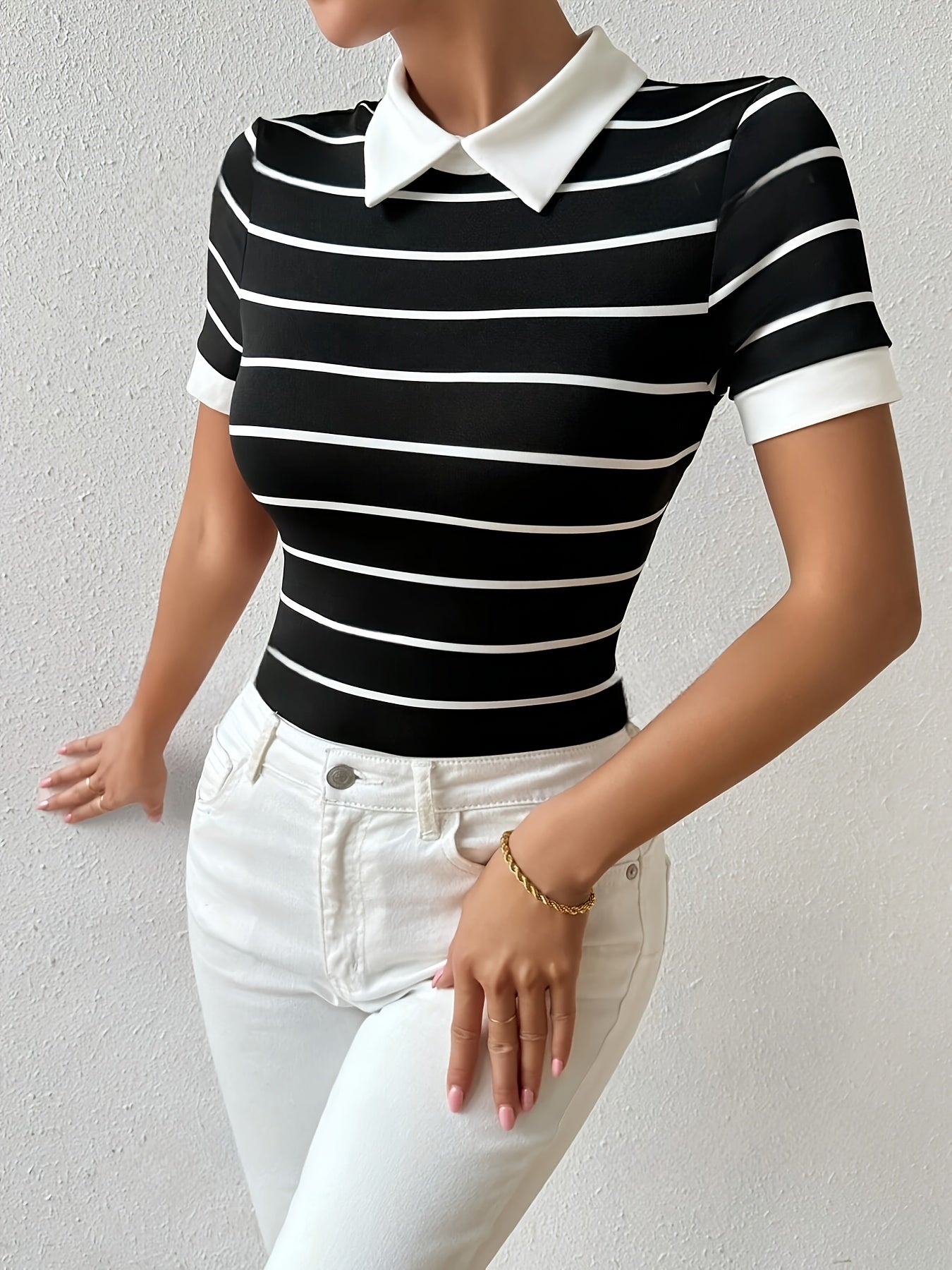 Elegant Women's Black & White Striped Short Sleeve T-Shirt with Chic Collar - Polyester Blend, Machine Washable, Perfect for Summer