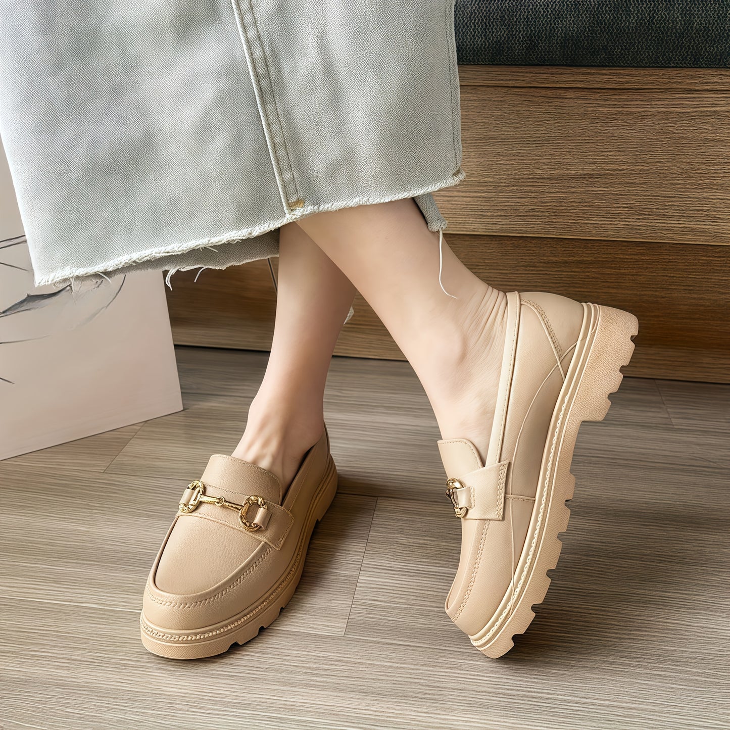 Women's Summer Fashion Loafers - Slip-On Platform Shoes with Metallic Buckle Decor, Round Toe, Cream/Black/Brown, Thick Sole TPU Material for Casual Outdoor Wear