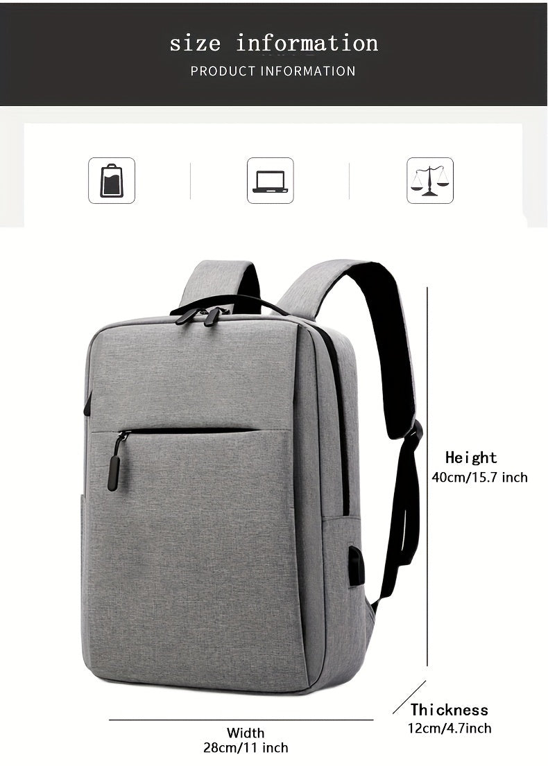 1pc Lightweight Business Laptop Backpack, 33.02/35.56/38.1 cm Computer Bag with USB Charging Port, Adjustable Straps, Zipper Closure, Polyester Lining, Wet Wipe Clean, Black Fabric Travel & Student Bookbag for Men and Women,
